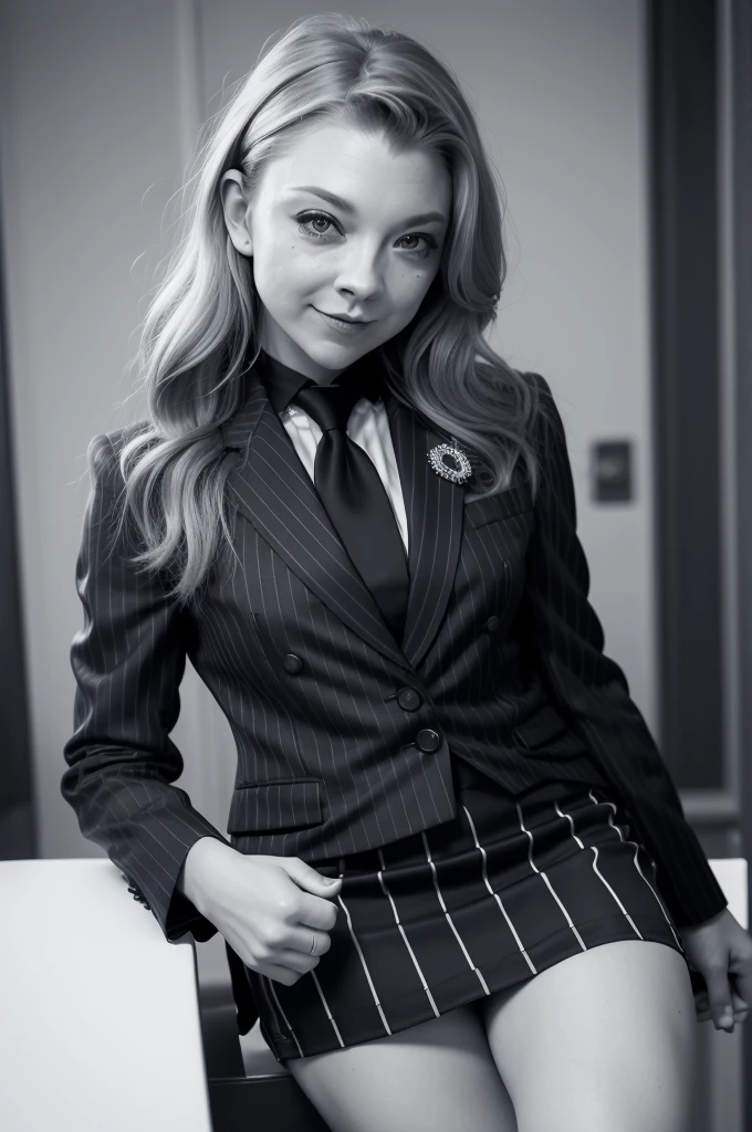masterpiece, ,(Solitary:1.1), Natalie Dormer, Perfect face, (Bright Lights:1.2),Beautiful and delicate eyes, close up, Extremely detailed face, Perfect lighting,masterpiece, best quality, ((Mature women)), , 1 female, (((Navy Pinstripe Skirt Suit))), (((3-piece-suit))), (((Silk tie))), Windsor tie, (((Dress Shirts))), (((Casual suits))), (((suit))), (((Vest))), double-breasted Vest, Tight mini skirt, Pencil Skirt, Tie clips, pocket watch, Pocket Square, Cufflinks, Solitary focus, Well-dressed, Dress appropriately, Smile, elegant hair, long hair, muggy, Seductive pose, Smile, 張開嘴Smile