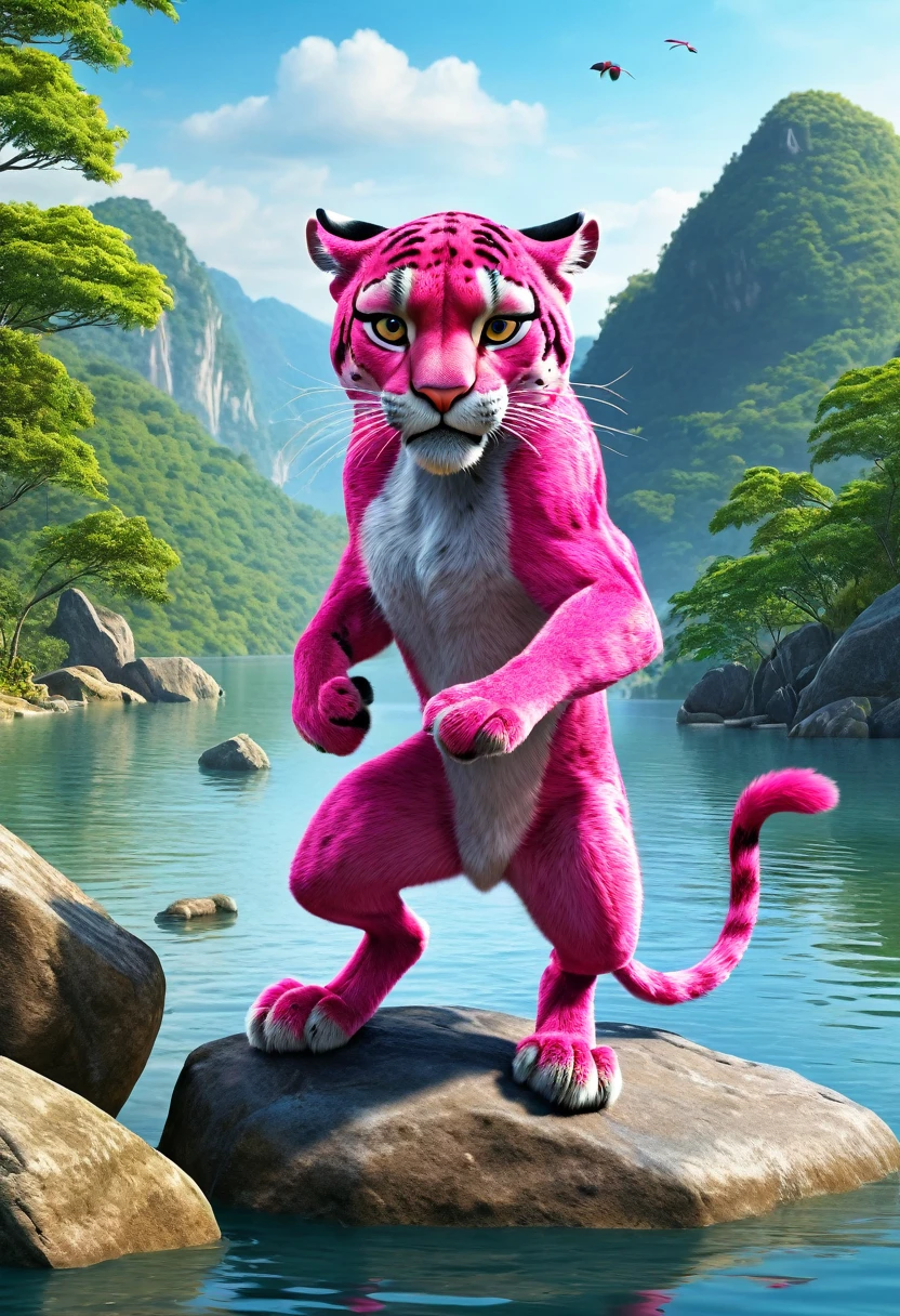 A pink panther ((aggressive), in attack position, rocks and lake around, highly detailed nature environment, high quality picture, hyper realistic, cinematic look, HD in 32k--ar 3:2--in style cartoon, draw