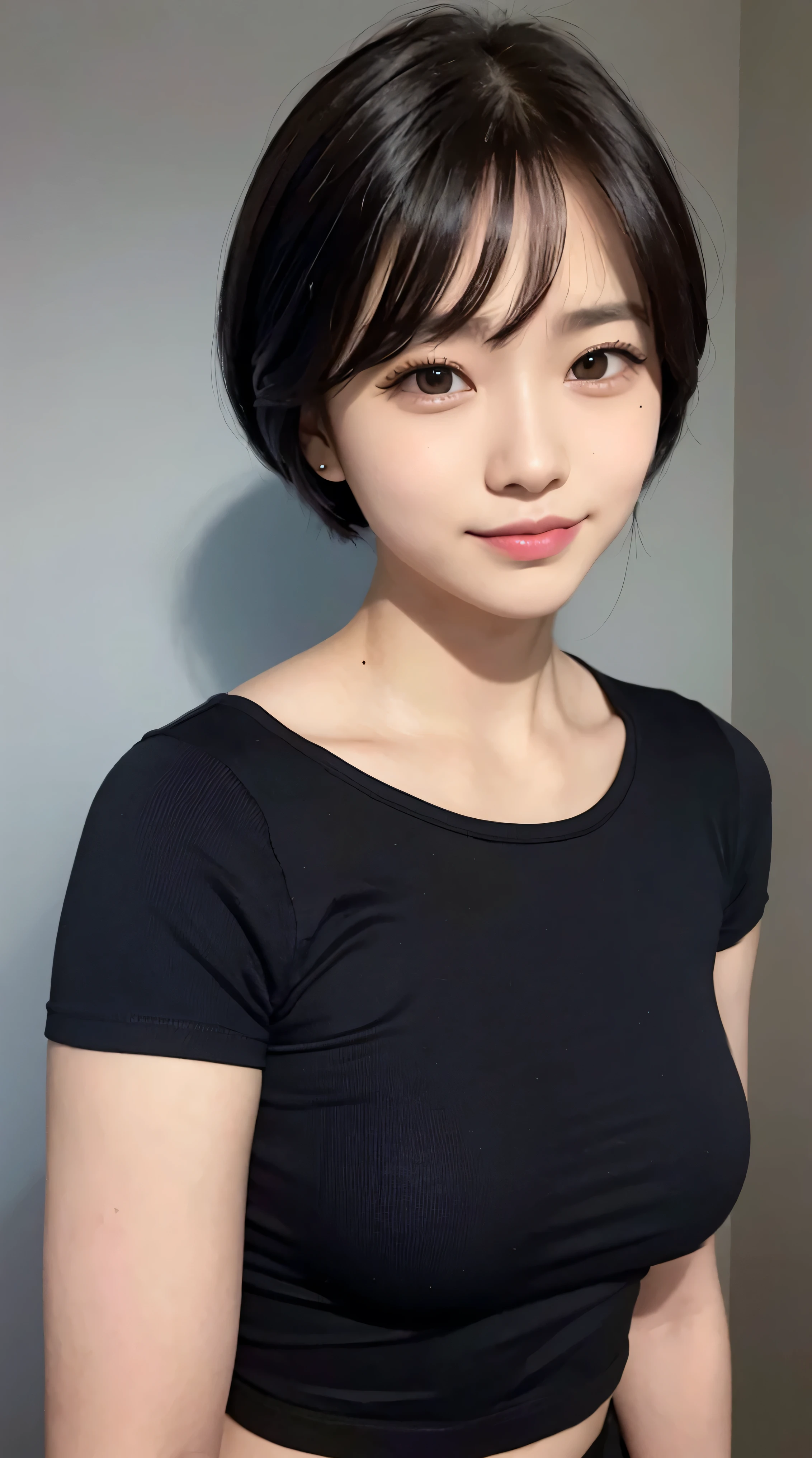 (masterpiece, Best image quality, high quality, High resolution, Realistic:1.2), (Bright lighting, Professional Lighting), One Woman, Realistic skin, Fine skin, Beautiful Skin, expensive, Muscular body, (Black Hair, Bowl Cut, Eyelash extensions, Fine Eyes, black eye, How to draw eyes carefully, Looking at the audience, cute, Embarrassing:1.2), (Lean upper body:1.2), Mortar wall, (Black tight T-shirt:1.3), A kind smile, I can see your teeth, Upper Body Shot