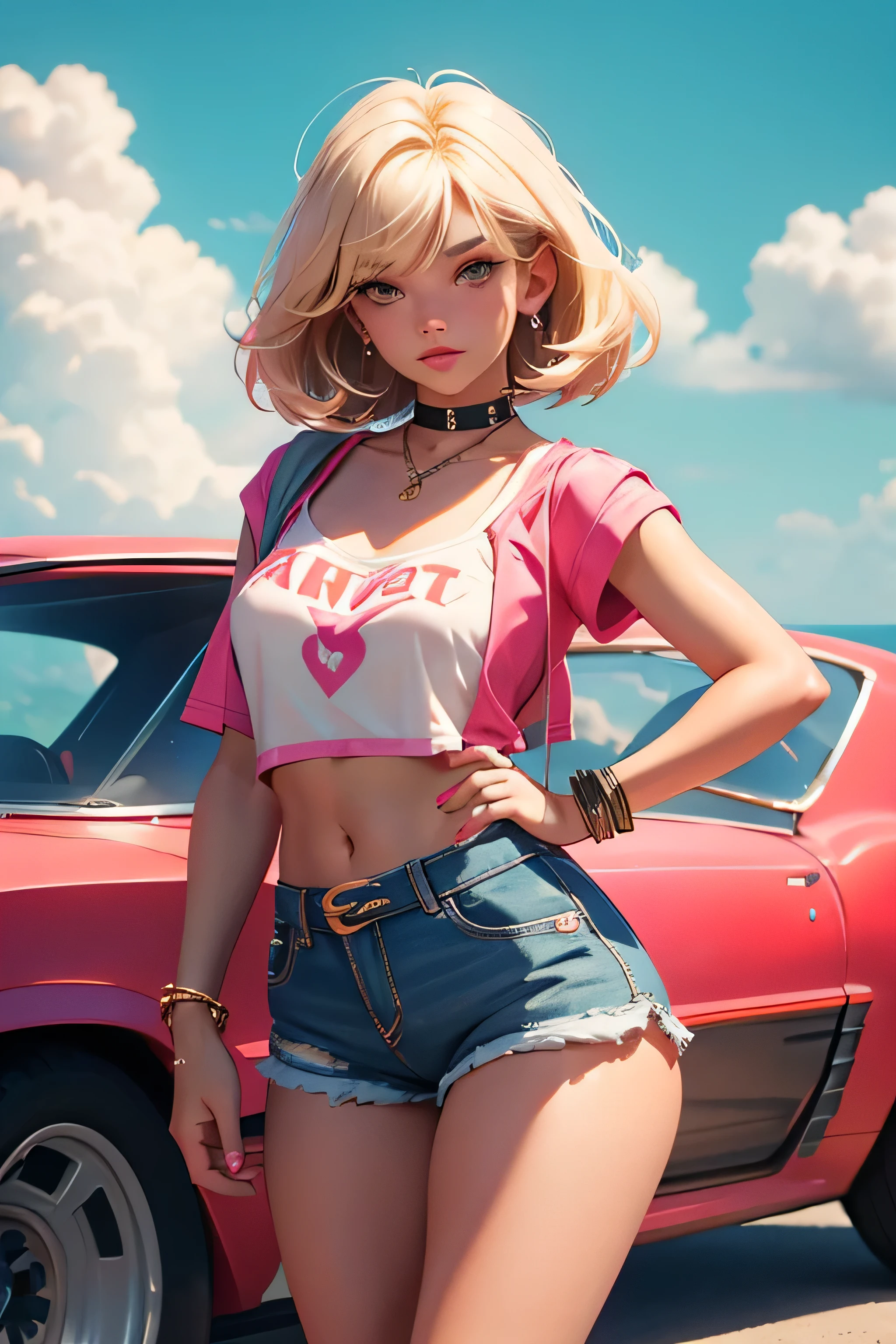 age girl-model 18 years old, beautiful, blonde, bob hair, bangs, brown eyes, beautiful figure, girl wearing crop shirt and too short mini shorts, beautiful long legs, slave bracelets, slave choker, manicure, cute makeup, flirtatiously posing, hot summer, hot flirty, sexy posing, summer outfit, top quality, higest quality, pin-up style, retro 80s style, Daisy Dukes style, slave girl, Miami vibes,