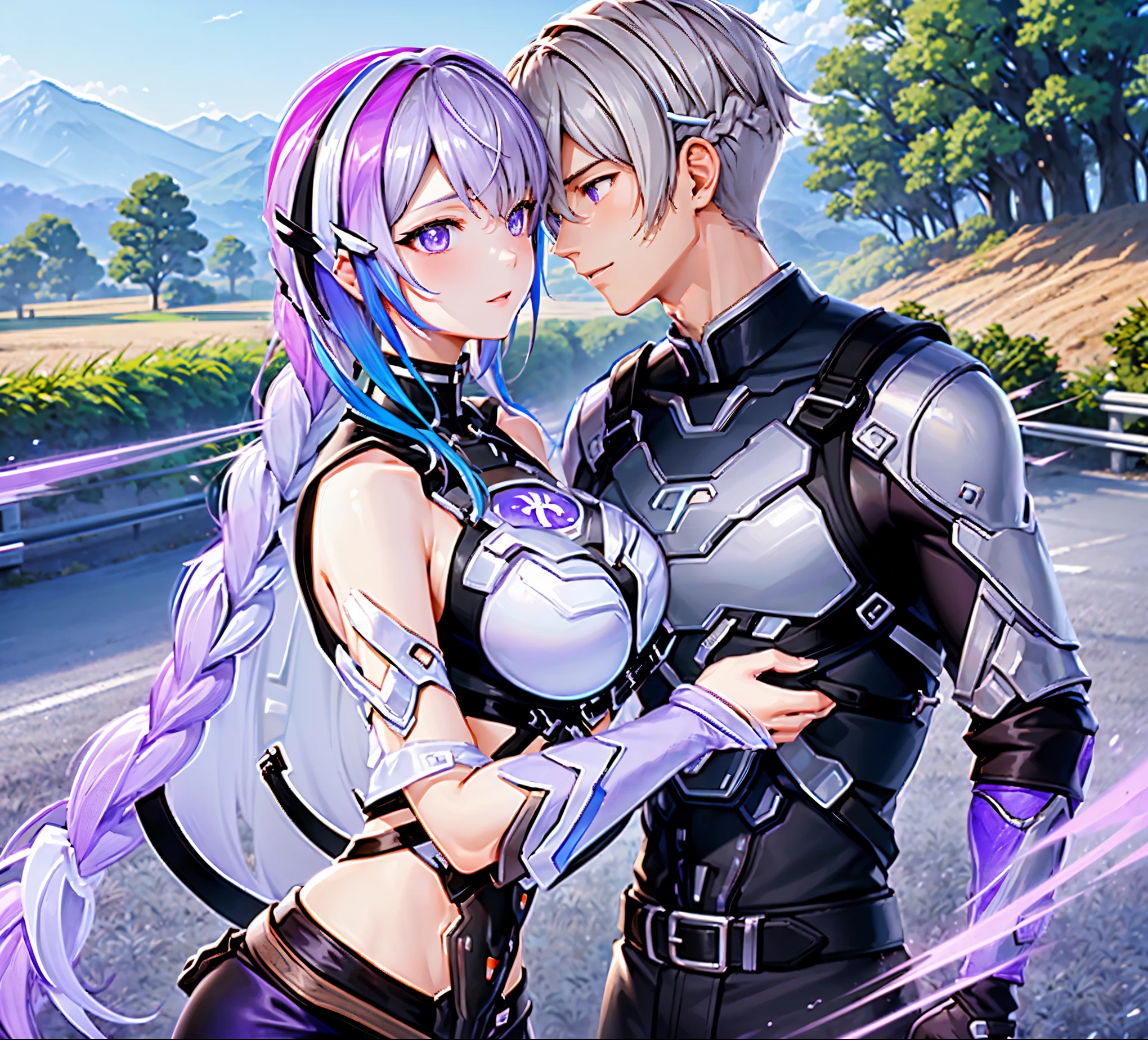 A couple(1 male, 1 woman with purple and white gradient double braids),Meet on a country road,Face to Face,四只眼睛Face to Face,Sunlight,Green fields and hills in the distance in the background,warmth,Romantic,happiness