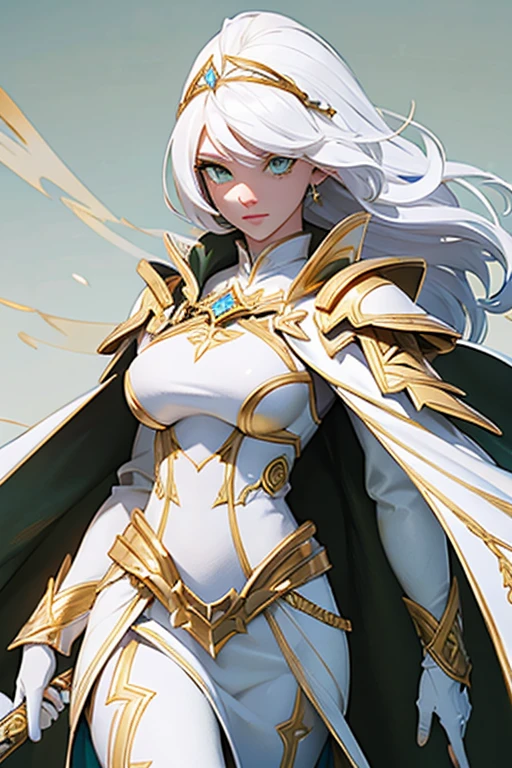 Female; white hair; green eyes; white and gold armor; white and gold helmet; white and gold cape; golden sword; castle
