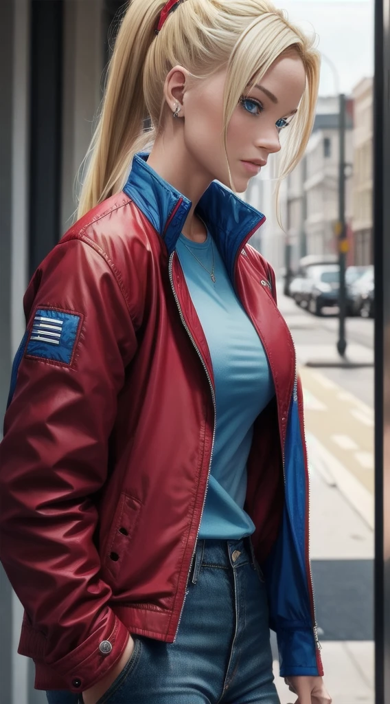(Blonde, blue eyes, Ponytail, Blue shirt, Red Jacket, Women&#39;s Jeans, Sexy pose, Very detailed, masterpiece:1.2), High-definition quality, Extremely detailed, Practical, Vibrant colors, soft light, oil painting style