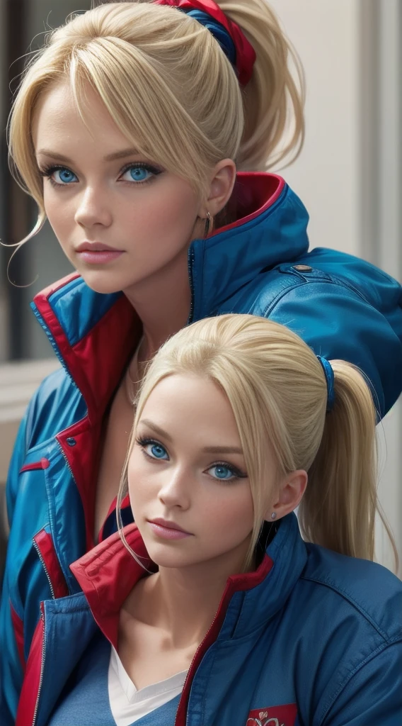 (Blonde, blue eyes, Ponytail, Blue shirt, Red Jacket, Women's Jeans, Sexy pose, Very detailed, masterpiece:1.2), High-definition quality, Extremely detailed, Practical, Vibrant colors, soft light, oil painting style
