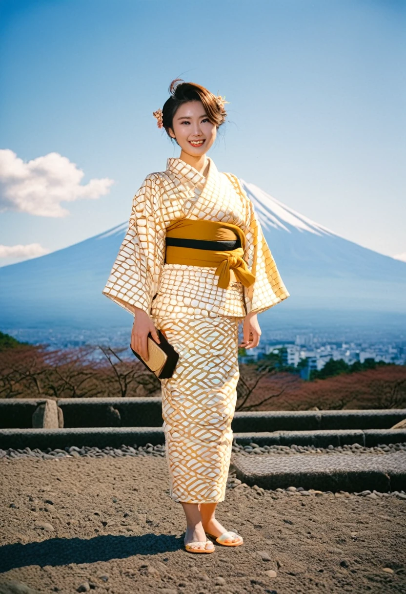 "A tourist Boy in japan makes for a memorable photo in the style of kimono aesthetics. With oversized potrait framed againts the backdrop of fuji mountain, she dons a bright crop top and full body, both in babycore hues, strikes full body side pose. The sun cast a golden glow on her charimastic features - her expressive brown eyes, and her playful smile. The photo, expertly captured with a FujiFilm Superia film, beautifully ecansuplates the rich and diverse culture of japan, and the energy"