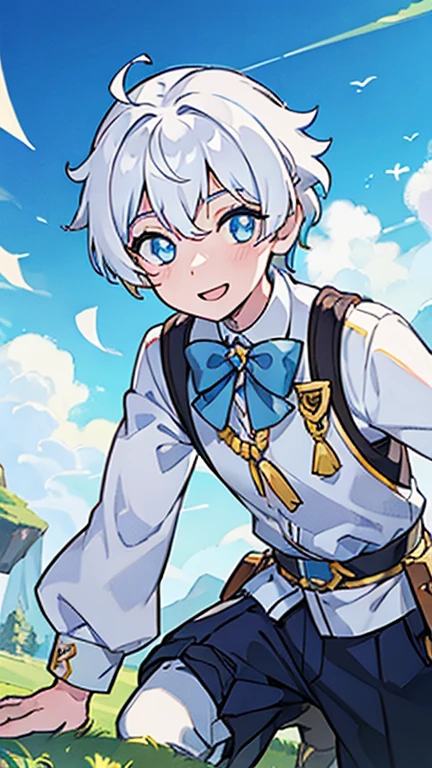 (1 boy:1.2), (solo:1.2), white hair,  masterpiece, blue sky, few clouds, grey eyes, cute prince clothes, (puffed long sleeves:1.2), short pants, , male focus, male body features, laying on the grass, （Best quality at best，tmasterpiece），1boy，short detailed hair, shy character，timid character, weak posture, (bending forward, insecure), young, little, shota, 5yearsold, 5 years old, white shota, (smiling), white shirt, royalty french outfit, BREAK
(paper planes, natural sunlight:1.2, blue sky), sense of childhood,
 best quality, high resolution, unity 8k wallpaper, (illustration:0.8), (beautiful detailed eyes:1.6), extremely detailed face, perfect lighting, extremely detailed CG, (perfect anatomy),
 hyper-detailed, high quality visuals, sharply focused, octane render, 8k UHD,
 GS-Boyish