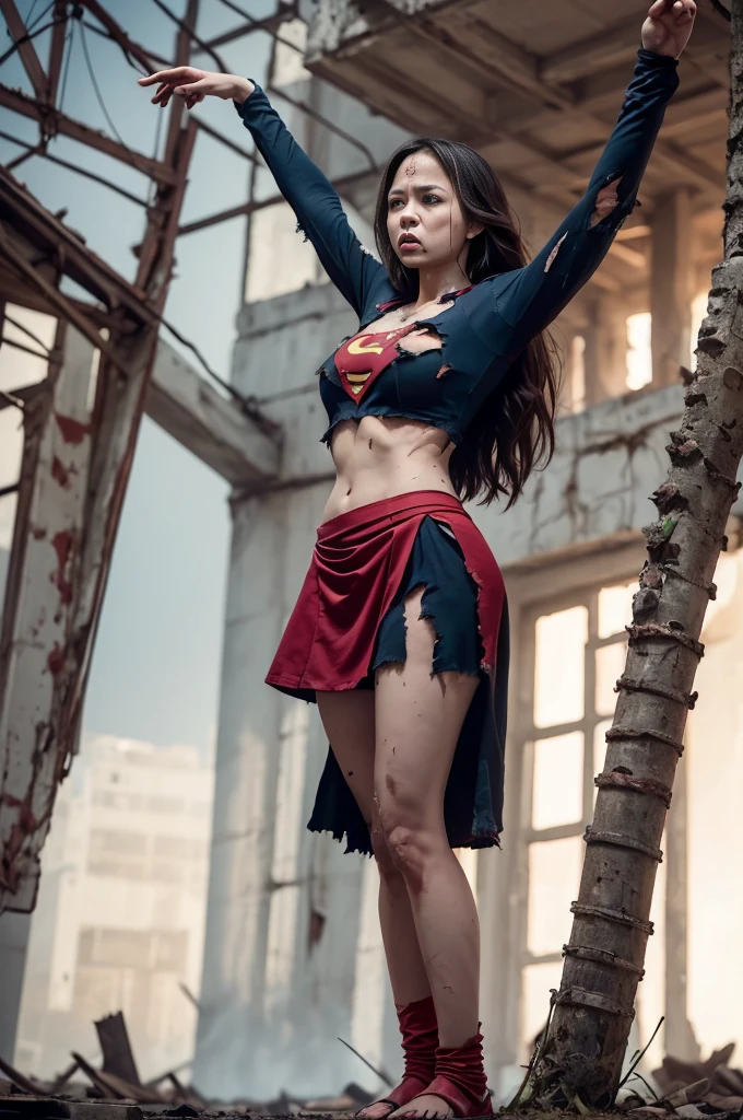 best quality,masterpiece,Ultra HD, Super detailed, 8K,(Beautiful woman),(一人のBeautiful woman),((suffering:1.5)),((cross)),(execute),((incontinence)),scared,,,((crossにsufferingにされた女性:1.5)),suffering刑,((Super Girl)),Blue Suit,Superman logo on chest,Red Skirt,((torn clothing:1.5)),((Clothes torn:1.5)),(Ragged clothes),Eat crow,顔にTraces of beating,((There are bruises on the body)),Scars on the body,Injuries to the face and body,(contusion, dirty, Torn clothes, Revealing clothes, Blood:1.3),Traces of beating,Defeat the heroine,a devastated world,ruins,abandoned building,(Burning at the stake),((roast on fire:1.2))