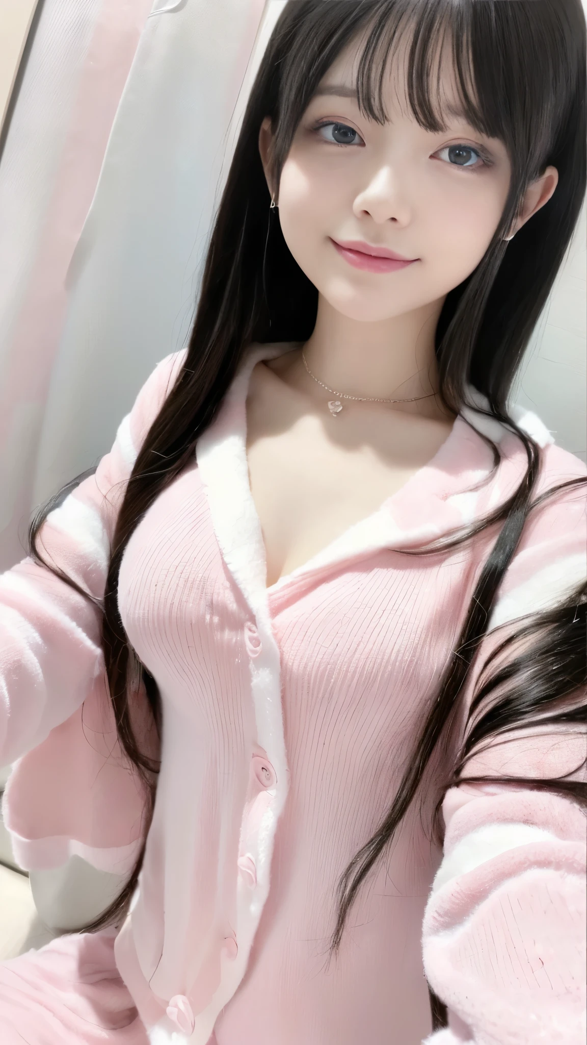 masterpiece、highest quality, highest quality, Official Art:1.2, Cinema Lighting、 Realistic depiction、photograph、RAW quality、Ultra-high resolution, Wide Lighting, Natural shading), Absolute area、Detailed Background、Background Blur、Detailed and beautiful background slim, (Lip gloss, Beautiful Face、Perfect round ass、the body is スリム、(detailed パーフェクト human body:1.5), Pale skin、Shiny bright eyes、Thick and long eyelashes、(((All these pajamas are made from super soft fleece:1.8, zetai ryoiki, All these pajamas are made from super soft fleeceで作られています、shorts:1.3, Pink and white with thick white horizontal stripes))), (Long black hair, Little devil smile:1.3),(Super big boobs:1.3, A bold pose with her chest sticking out)、indoor、Background of the apartment room、Window with a night view、Sit on the bed
