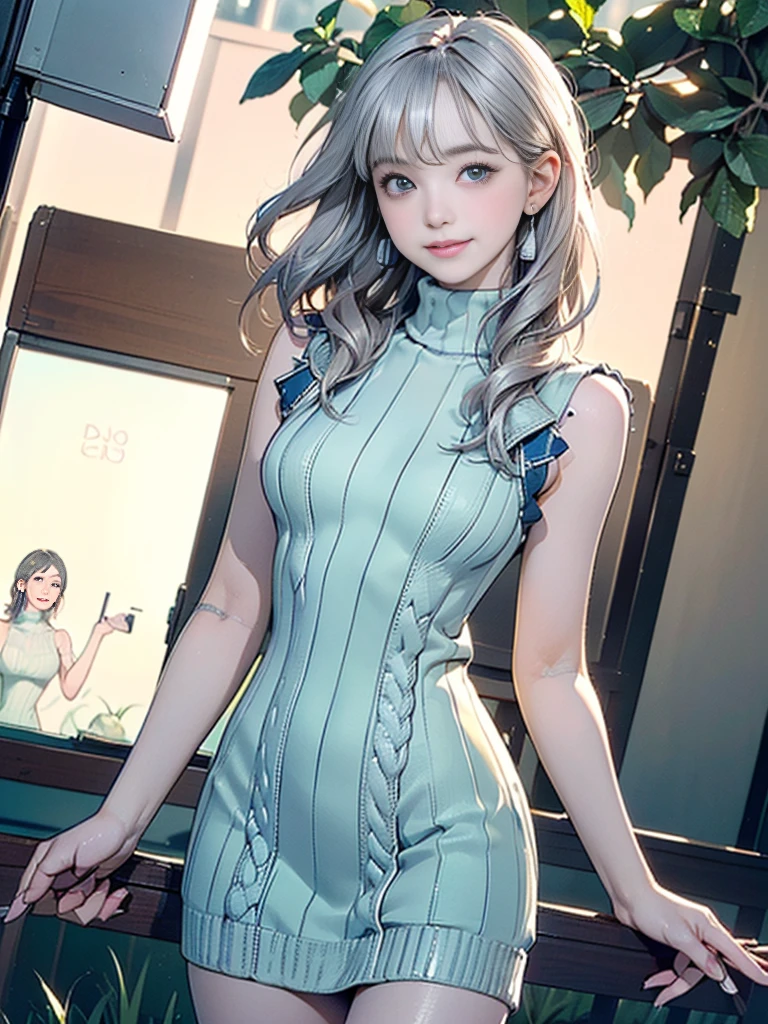 ((((best quality))))、(((Super fine CG16K wallpaper)))、(((傑do)))、(((Super detailed)))、(((Extreme details)))、((１Mature 29 year old woman:1.6))、((Very beautiful Japanese face))、((do々hope:1.5))、((Medium straight hair、Bangs:1.5))、((Shiny silver hair:1.5))、beautiful delicate eyes、Brown eyes、Eyeliner、Eyeshadow、high nose、Small nostril、Little mouth、Tempting lips、beautiful breasts、((C cup size breasts))、beautiful feet、octagonal body、Perfect proportions、Perfect anatomical structure、Perfect composition、beautiful detailed shading、beautiful, Natural Lighting、beautiful detail glow、Writing border depth、(((High chroma)))、(((real:1.9)))、((vivid:1.5))、((beautiful Skin))、((Texture))、((realな皮膚感))、(((Cowboy shooting:1.6)))、((Front view、Shooting from the front、Front low angle:1.6))、(((Smile:1.5)))、((Women are watching this、looking at the audience、Facing forward:1.6))、bright  daylight、Natural light、(((grass square、Trees:1.3)))、(Walking posture:1.6)、(((Mint Green Turtleneck Sleeveless Ribbed Knit Dress:1.6)))、((scarf、Wearing earrings:1.3))、((knee high socks apparel:1.3))、