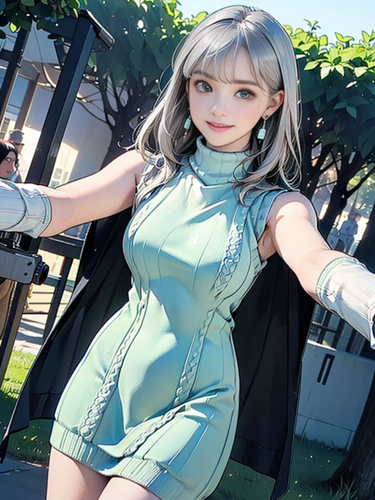 ((((best quality))))、(((Super fine CG16K wallpaper)))、(((傑do)))、(((Super detailed)))、(((Extreme details)))、((１Mature 29 year old woman:1.6))、((Very beautiful Japanese face))、((do々hope:1.5))、((Medium straight hair、Bangs:1.5))、((Shiny silver hair:1.5))、beautiful delicate eyes、Brown eyes、Eyeliner、Eyeshadow、high nose、Small nostril、Little mouth、Tempting lips、beautiful breasts、((C cup size breasts))、beautiful feet、octagonal body、Perfect proportions、Perfect anatomical structure、Perfect composition、beautiful detailed shading、beautiful, Natural Lighting、beautiful detail glow、Writing border depth、(((High chroma)))、(((real:1.9)))、((vivid:1.5))、((beautiful Skin))、((Texture))、((realな皮膚感))、(((Cowboy shooting:1.6)))、((Front view、Shooting from the front、Front low angle:1.6))、(((Smile:1.5)))、((Women are watching this、looking at the audience、Facing forward:1.6))、bright  daylight、Natural light、(((grass square、Trees:1.3)))、(Walking posture:1.6)、(((Mint Green Turtleneck Sleeveless Ribbed Knit Dress:1.6)))、((scarf、Wearing earrings:1.3))、((knee high socks apparel:1.3))、