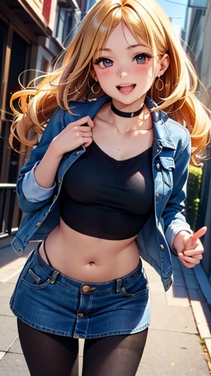 ANDROID 18, A girl is posing for a photo, cute女の子, Enchanting girl,
(Blonde、Curly long hair、Shaggy Hair:1.4、Natural curls), (Red eyes),
((Wearing a blue denim jacket:1.6、belly button), (Denim skirt:1.4)、(Black Pantyhose:1.4))、Black choker、ring earrings、
(((highest quality)), ((masterpiece)), (Very detailed), (High resolution), (Beautiful detailed sparkle), (High detail), (Anatomically correct)), ((Realistic)), ((The best CG)), Ultra-detailed art, CG illustration, 16k, 1080P, Oil paints:1.2,
(((One Girl))),
(Symmetrical facial features, Perfect Face), Beautiful clavicle, (Beautiful fingers), (Beautiful breasts, (Ccup)),
Beautiful body, Beautiful thighs, Beautiful feet, Perfect round butt, (((Detailed skin, Oily skin, Textured skin, Beautiful Skin))),
(((Baby Face, cute, ))), Double eyelids, Long eyelashes,
(Droopy eyes, Expression of fine eyes, Beautiful and delicate eyes, Sparkling eyes, Eye Reflexes),
(Beautiful Nose,Thin Nose),
(Glossy Lips, Beautiful Lips, thick lips),
(Beautiful Hair, Shiny Hair, Shiny Hair), Hair fluttering),
(smiley, laughing, blush),
BREAK
(night、(Downtown sidewalk、Alley)), ((Dynamic Pose、Cowboy Shot))