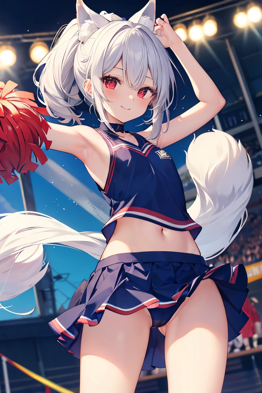 Silver Hair、Red Eye、Fox ears、girl、Small breasts、ponytail、girl、Small breasts、Lolita、Bright smile、Looks about 15 years old、Petan Musume、short、目のhighlight、Sexy thighs、Cheerleader、Please show me your armpits、Your eyes are so beautiful、highlight