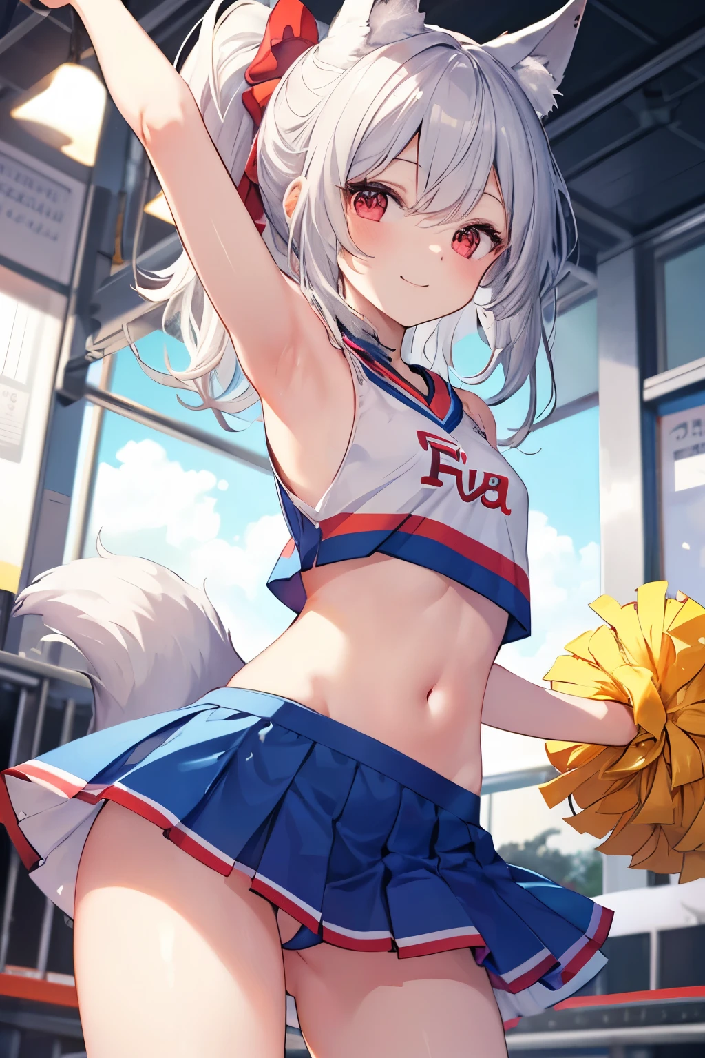 Silver Hair、Red Eye、Fox ears、girl、Small breasts、ponytail、girl、Small breasts、ta、Bright smile、Looks about 15 yan Musume、short、目のhighlight、Sexy thighs、Cheerleader、Please show me your armpits、Your eyes are so beautiful、highlight