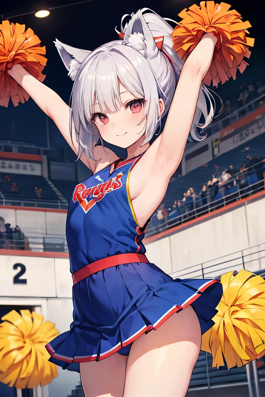 Silver Hair、Red Eye、Fox ears、girl、Small breasts、ponytail、girl、Small breasts、ta、Bright smile、Looks about 15 yan Musume、short、目のhighlight、Sexy thighs、Cheerleader、Please show me your armpits、Your eyes are so beautiful、highlight