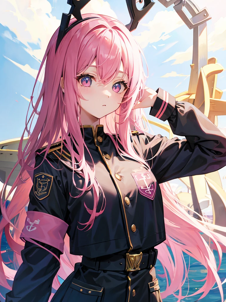 Pink hair long hair，beautiful girl，18-year-old，uniform，cute,In front of the giant anchor sculpture