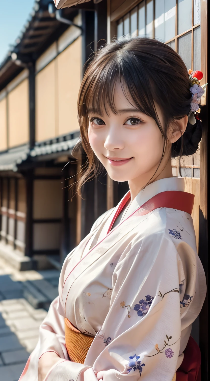Professional Lighting,(Photorealistic:1.4), (Top image quality:1.0), (超A high resolution:1.0), 8k, Raw photography, (masterpiece:0.2), (Facing the children_v1:0.5)、(最高quality Detail:1.2)、Realistic、8K Ultra HD、High resolution、(1 girl:1.2)、超detailedな、High quality textures、複雑なdetailed、detailed、Very detailed CG、High quality shadows、detailed 美しく繊細な顔、Beautiful details and a delicate eye、(Symmetrical eyes:1.2),Written boundary depth、Ray Tracing,1 girl, Japanese Girls, (Natural smile:1.4),cute, thin, Portrait of a beautiful Japanese woman in a kimono, Standing elegantly on a street corner in Kyoto. Kimono with vibrant traditional patterns, Hair decorated with elegant and delicate hairpins, Gentle expression. (With the old streets of Kyoto in the background:1.4)、The soft light of a spring afternoon、Adding tranquility to the scene. Rendered in a Realistic style with great attention to detail, High resolutionの画像.Sky Porn, Magic Hour, (Realistic:1.3), finely, quality, (Tabletop:1.2), (Realistic:1.2), (最高quality), (複雑なdetailed), dramatic, Ray Tracing, photograph, +roller