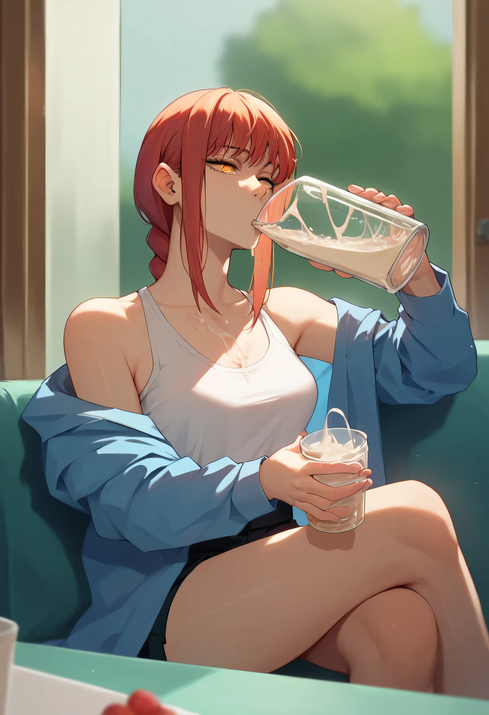 score_9, score_8_up, score_7_up, drinking cum, 1girl, drinking, holding cup, makima \(chainsaw man\), sitting