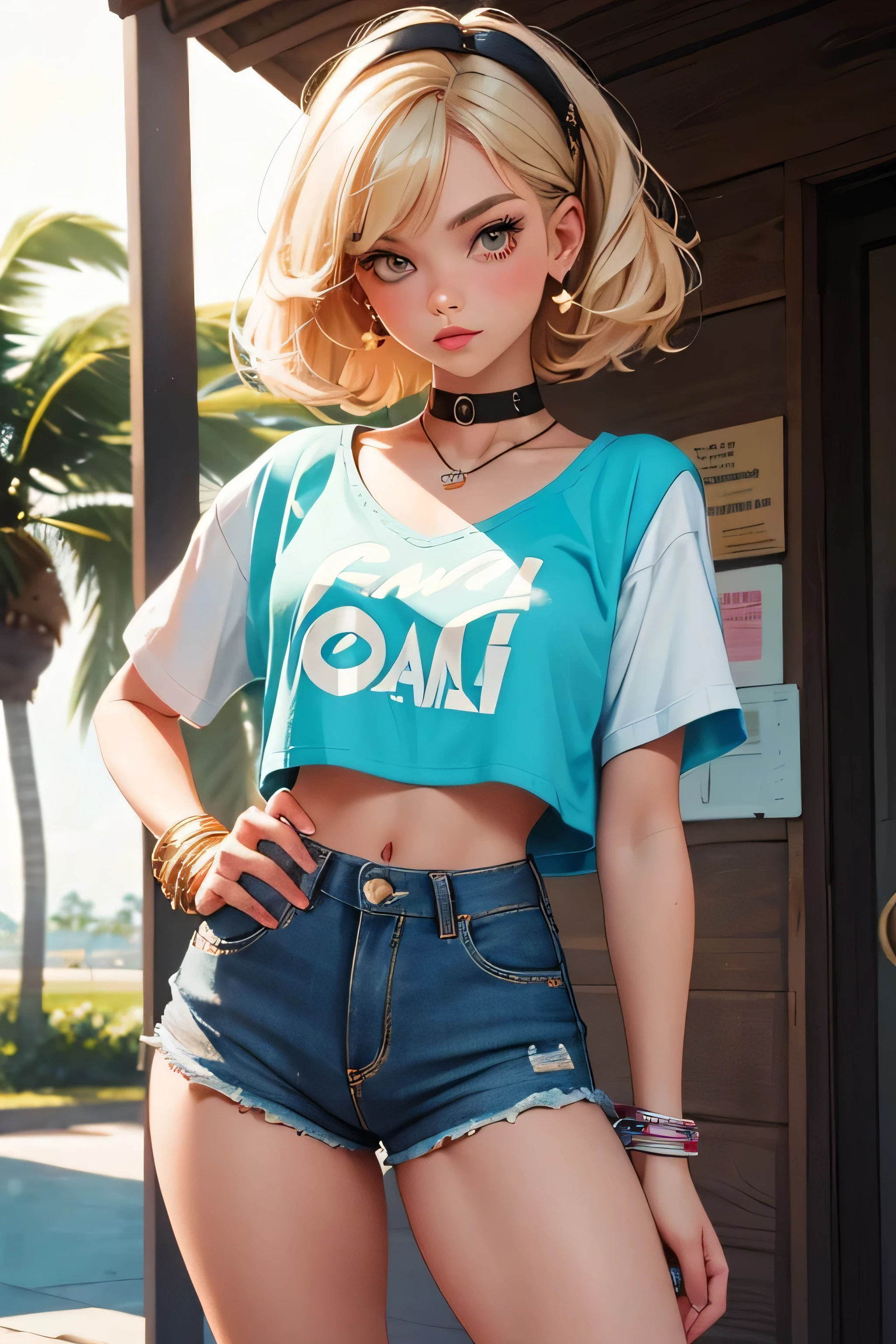 age girl-model 18 years old, beautiful, blonde, bob hair, bangs, brown eyes, beautiful figure, girl wearing crop shirt and too short mini shorts, beautiful long legs, slave bracelets, slave choker, manicure, cute makeup, flirtatiously posing, hot summer, hot flirty, sexy posing, summer outfit, top quality, higest quality, pin-up style, retro 80s style, Daisy Dukes style, slave girl, Miami vibes,