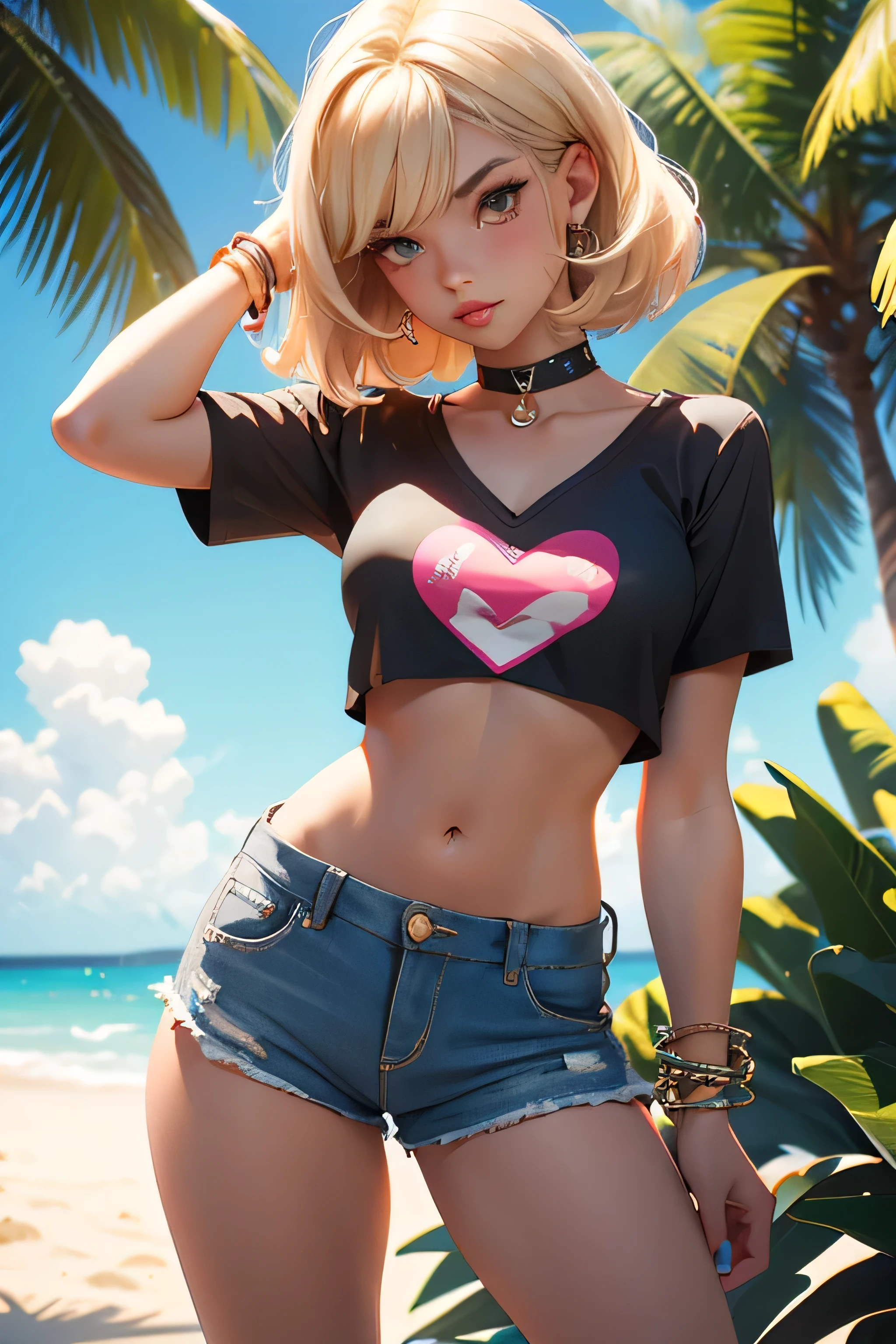 age girl-model 18 years old, beautiful, blonde, bob hair, bangs, brown eyes, beautiful figure, girl wearing crop shirt and too short mini shorts, beautiful long legs, slave bracelets, slave choker, manicure, cute makeup, flirtatiously posing, hot summer, hot flirty, sexy posing, summer outfit, top quality, higest quality, pin-up style, retro 80s style, Daisy Dukes style, slave girl, Miami vibes,