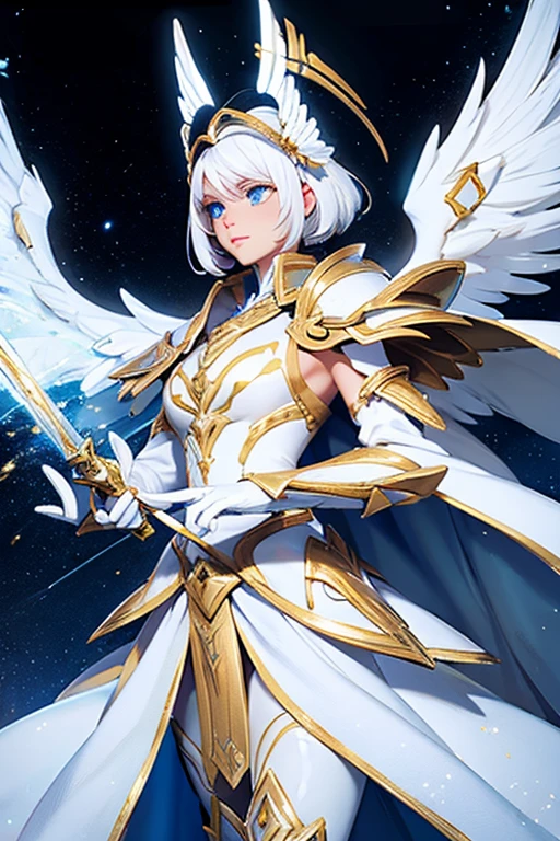 Female; white hair; blue eyes; angel wings; white and gold knight armor; white and gold helmet; white and gold cape; golden sword; galaxy