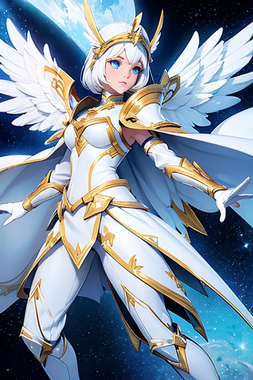 Female; white hair; blue eyes; angel wings; white and gold knight armor; white and gold helmet; white and gold cape; golden sword; galaxy