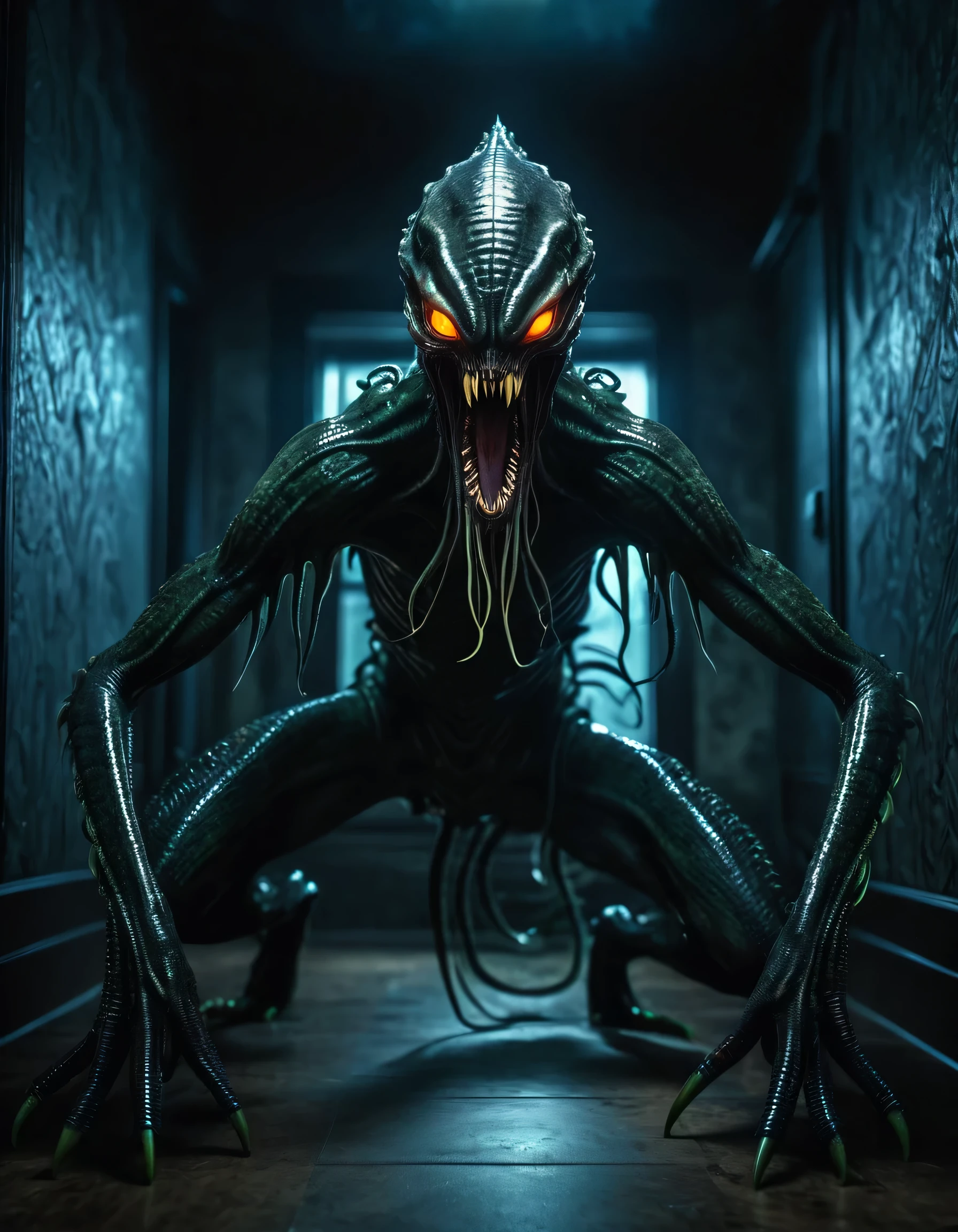 Full body shot of a wicked alien with neon glowing eyes in a corner of a room, roaring, gnarling, mouth salivating, sharp fangs, with a hellishly evil soul, It has long, slimy tentacles that reach out to capture its prey, translucent, haunting, creepy, horror, dark, intricate design and details, centered facing the camera, dramatic lighting, photorealistic, cinematic, 8k, -upbeta, epic, hyper realistic, unreal engine 5.2, 8k quality 