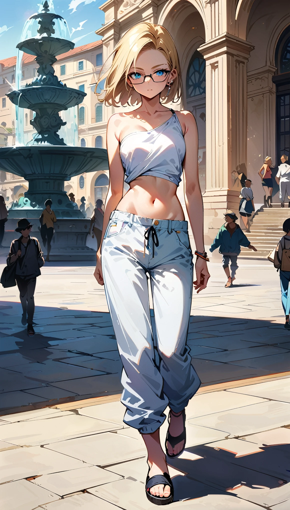 (masterpiece, best quality:1.2), full body shot, solo, Android 18 from Dragon Ball, collarbone, cleavage, ((slip-on one-shoulder crop top)), (light gray top:1.2), no jacket, midriff-baring, navel, ((white baggy pants with one button undone)), skimpy thong swimsuit, small breasts, short blonde hair loose, ((blue eyes)), ((wearing glasses)), earrings on earlobes, slender feminine figure, narrow waistline, skinny body, (plane black cap), (cap without logo), beach sandals, sunlight, walking, facing the camera, blur background, Valletta's large Triton Fountain as main focus in background, baroque architectural style, sunny day, natural lighting and shadows, people going about daily activities, 4K