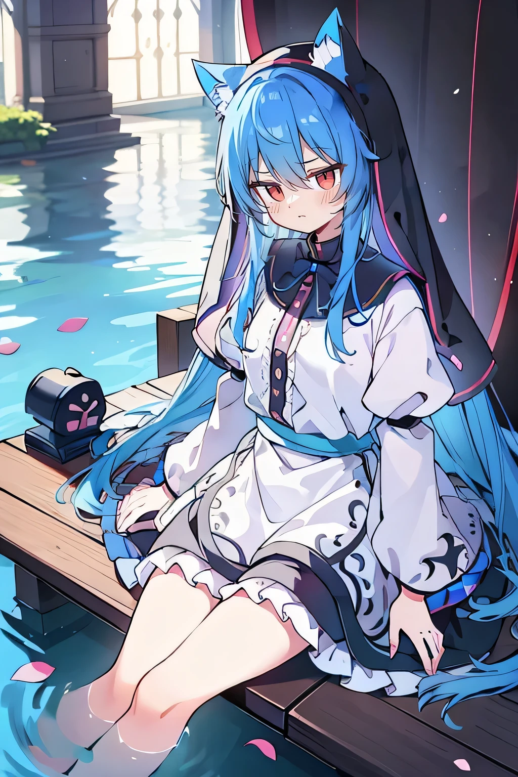 (masterpiece:1.2),Extremely detailed,Practical,expressive eyes,Fair skin,Perfect face shaping,1 Girl,
Japanese cartoons,Gorgeous blue hair, the long flowing blue hair,Floating clothes,Cat ears,Petals fall,beautiful lola,Young Angel,
Place your hands on your waist,sit elegantly on the ground,Cross your legs,Gentle and peaceful background,stately church,nun,lie on the water,Blackening,A look of disdain.