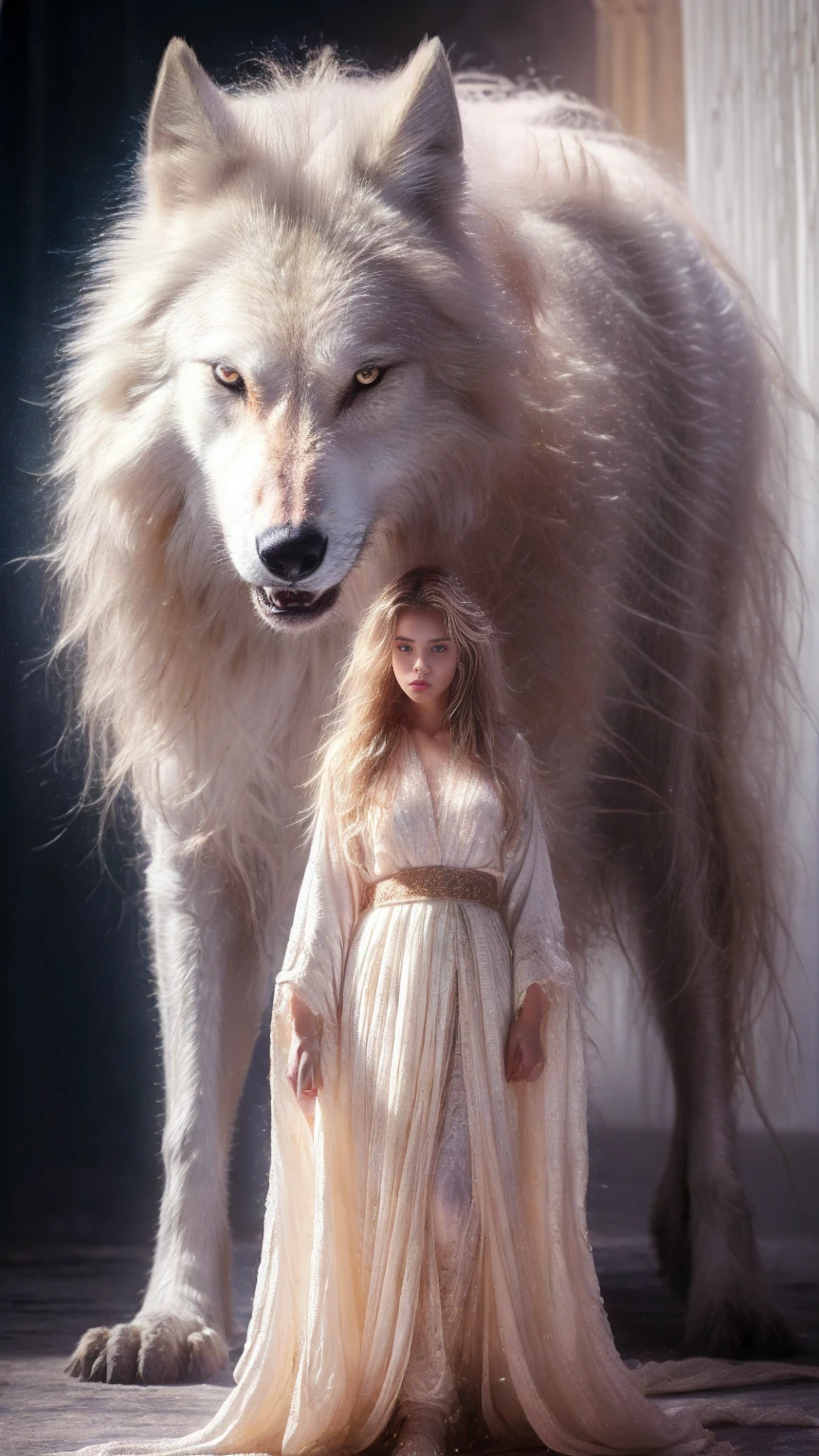 (highest quality、masterpiece、8k、Best image quality、Ultra-high resolution、Award-winning works)、A beautiful white-haired girl watches us from afar in the desert, Where light shines from the moon.、Ancient Islamic clothing、Beautiful face drawn in every detail, (a real wolf next to her)