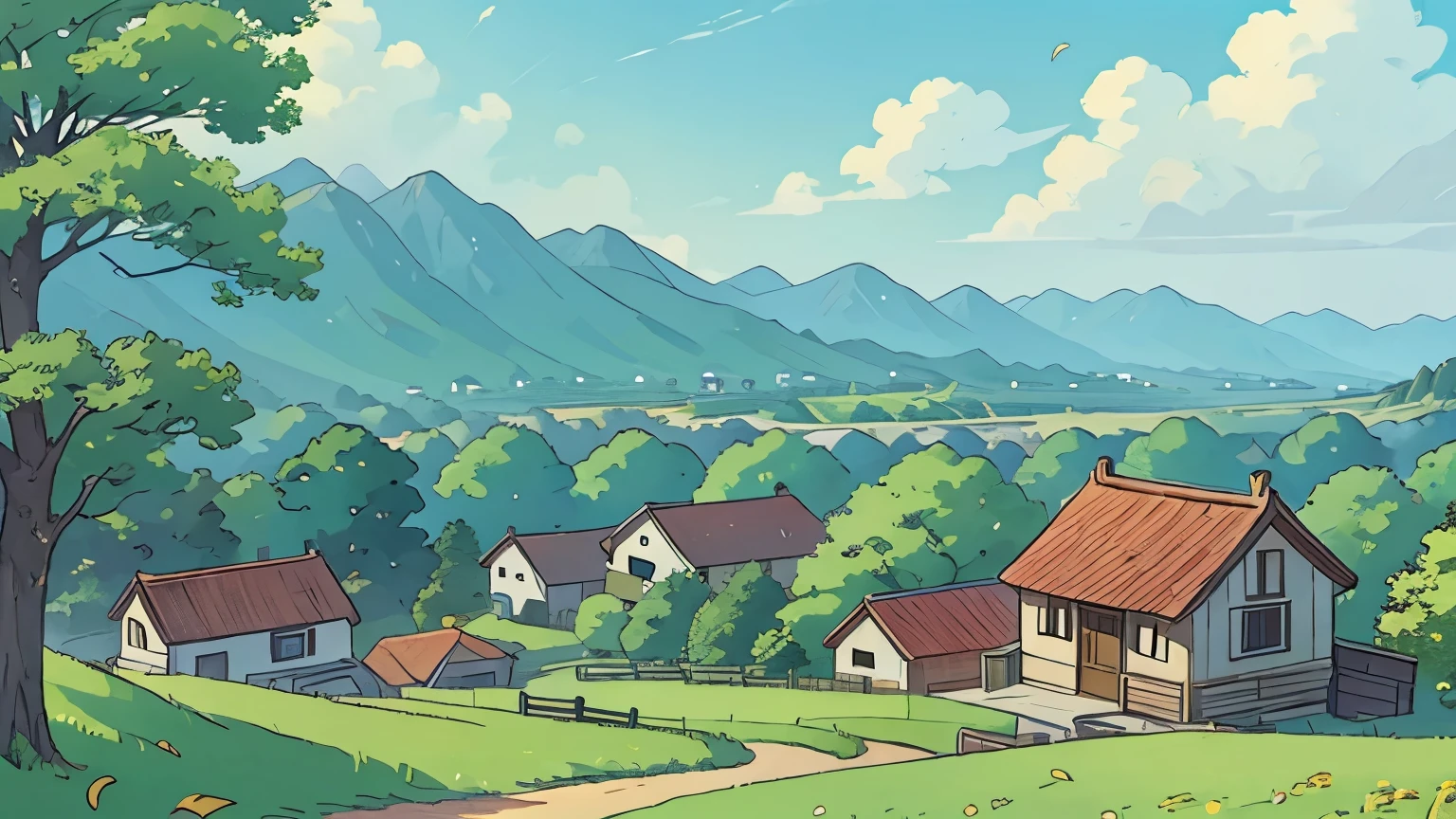A small village surrounded by beautiful nature, distant view, distant viewpoint, summer、The view of the summer leaves, day, clear, light in the wind