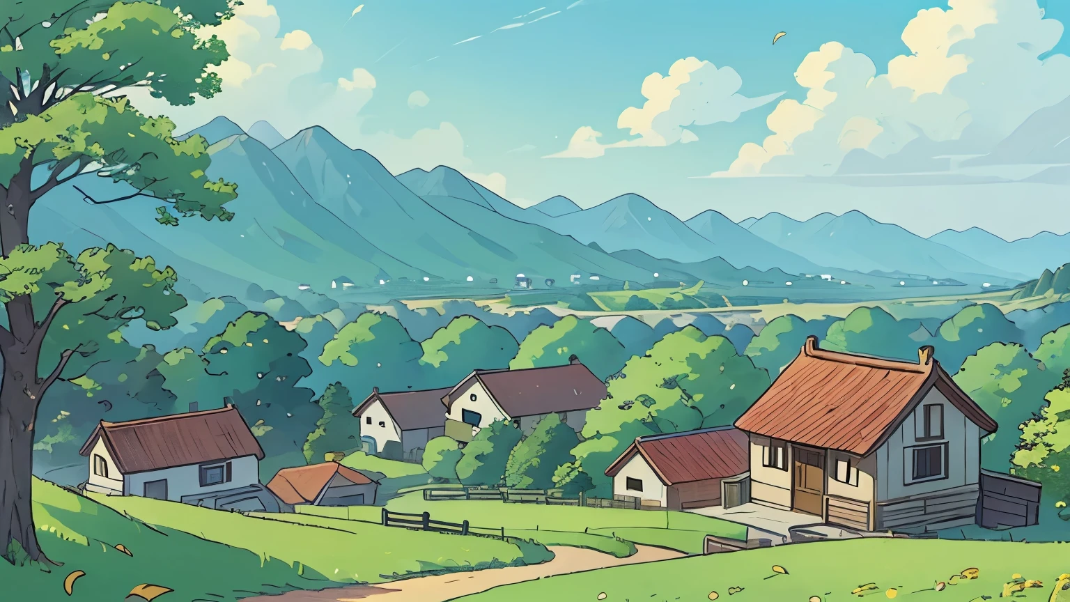 A small village surrounded by beautiful nature, distant view, distant viewpoint, summer、The view of the summer leaves, day, clear, light in the wind