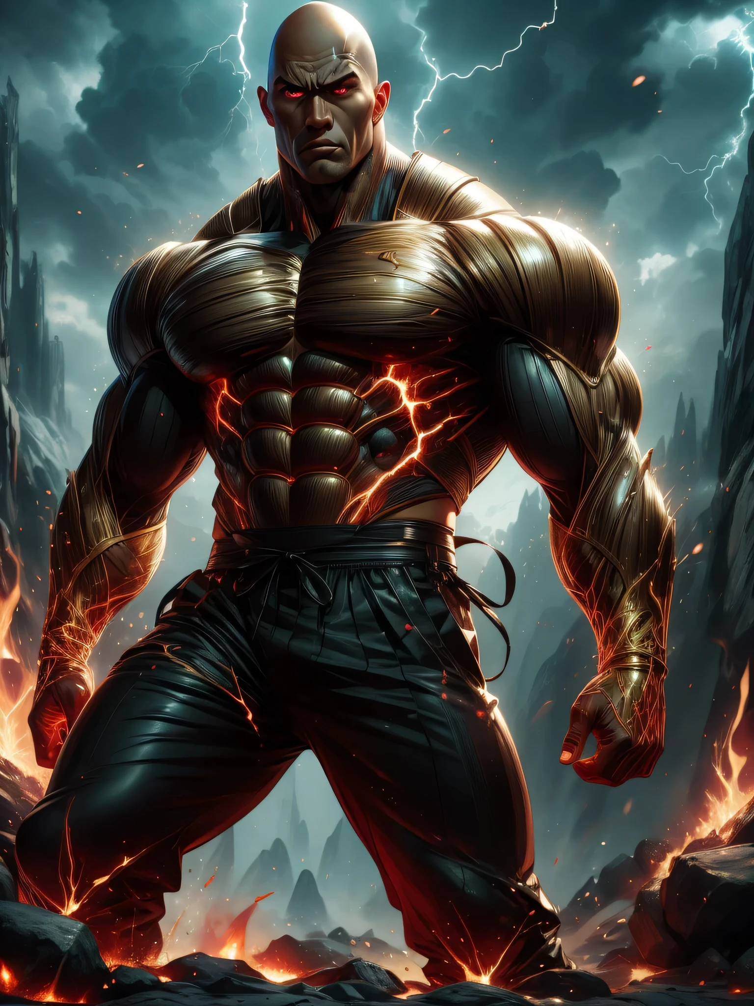 bald man dwayne johnson as Black Adam standing in front of a fire(Aesthetic, Hi-Res: 1.2), Get ready for a visual feast with Vegito 30 years old, solo,glowing lightning on the chest, brilliant tattoos, a creature with a handsome face and piercing golden eyes. In his transformed state, he radiates extreme instinct and power, creating an epic anime about this man of golden energy. See how he manipulates lightning in stunning anime artwork that will blow your mind. This concept art is straight from the Bleach Universe, with manga-style 8k wallpapers that will transport you to another dimension. Get ready to be amazed by this detailed piece of digital anime art, showcasing the ultimate combination of style and power.