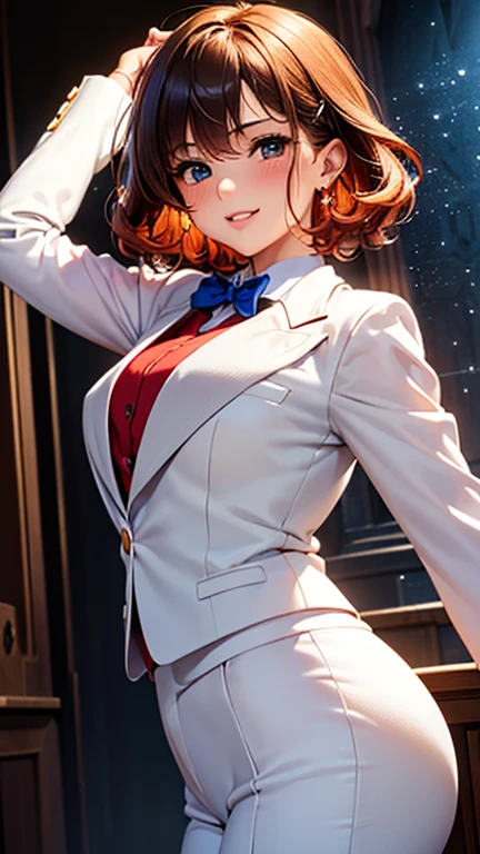ANDROID 18, A girl is posing for a photo, cute女の子, Enchanting girl,
(Red hair、Pretty short hair、Curly short hair、Shaggy Hair:1.4、Natural curls), (Red eyes),
((White tuxedo:1.6))、Blue Earrings、
(((highest quality)), ((masterpiece)), (Very detailed), (High resolution), (Beautiful detailed sparkle), (High detail), (Anatomically correct)), ((Realistic)), ((The best CG)), Ultra-detailed art, CG illustration, 16k, 1080P, Oil paints:1.2,
(((One Girl))),
(Symmetrical facial features, Perfect Face), Beautiful clavicle, (Beautiful fingers), (Beautiful breasts, (Ccup)),
Beautiful body, Beautiful thighs, Beautiful feet, Perfect round butt, (((Detailed skin, Oily skin, Textured skin, Beautiful Skin))),
(((Baby Face, cute, 16 years old))), Double eyelids, Long eyelashes,
(Droopy eyes, Expression of fine eyes, Beautiful and delicate eyes, Sparkling eyes, Eye Reflexes),
(Beautiful Nose,Thin Nose),
(Glossy Lips, Beautiful Lips, thick lips),
(Beautiful Hair, Shiny Hair, Shiny Hair), Hair fluttering),
(smiley, laughing, blush),
BREAK
(noon、(church、You can see the ocean)), ((Dynamic Pose、Cowboy Shot))