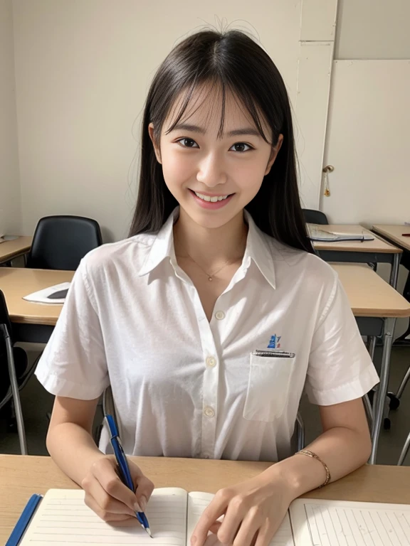 (masterpiece、high-level image quality、sharp focus)、Wearing a white shirt with short sleeves、one shirt button is missing, neck tie、have a pen、1 notebook、1Book、cute little:1.5、A Japanese Lady、17 age、Study at your desk、school classrooms、A smile、(perfect anatomia、Precise and beautiful limbs)、autumnal、