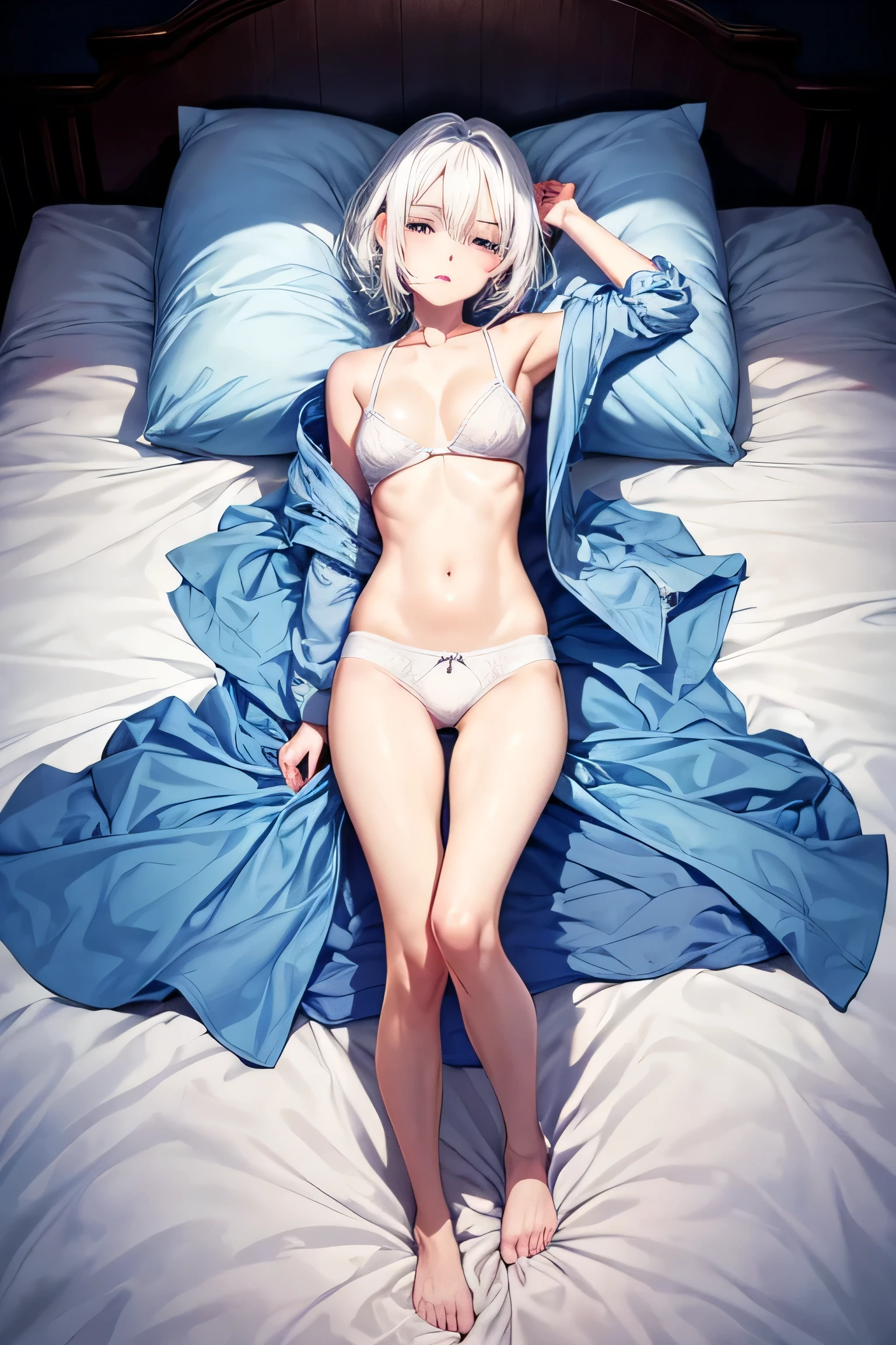 (1girl, white hair, extremely beautiful face, small breast), laid back in bed, full body, underwear, light blue sheets, sleeping, hot face expression