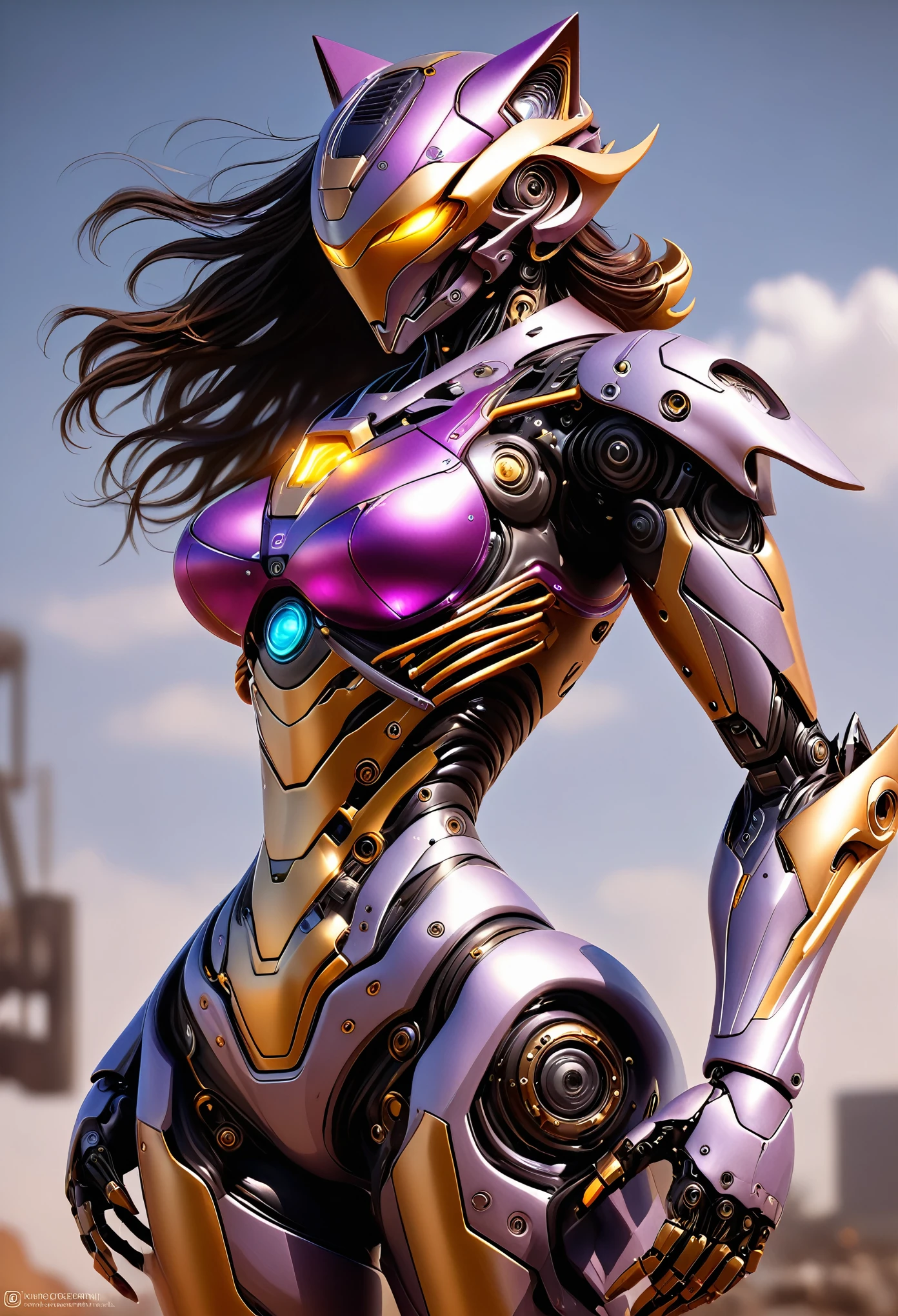 (best quality,4k,8k,highres,masterpiece:1.2),ultra-detailed,(realistic,photorealistic,photo-realistic:1.37), realistic mecha suit inspired by a female, erotic body, highly detailed, hyper realistic, 8k, photorealistic, intricate machinery, feline features, sleek aerodynamic design, sharp claws, cat-like movements, glowing eyes, metallic sheen, complex mechanical parts, advanced technology, cinematic lighting, dynamic pose, detailed texture, futuristic, concept art style, whole body, purple, black, gold