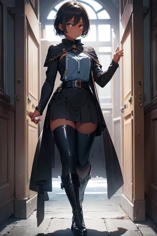 /(Boy),(dark brown skin color of the Clay5 tone),(brown eyes),(young),(height 1.80),(short black curly hair Brazilian style),( teenager),(male gender ),(wearing),+,(a 5th century emperor's outfit consisting of black style boots and a shiny black cape and stylish light blue pants with dark blue stripes And a blouse with large sleeves in dark gray and black tones),(Beautiful image), (perfect resolution), (high quality), (super beautiful image), (perfect image brightness)