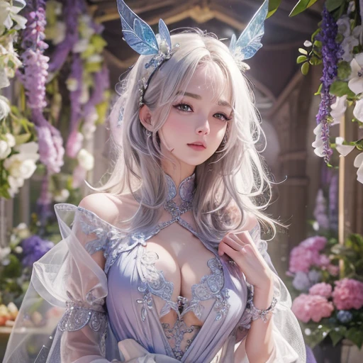(masterpiece:1.3), (8k, Realistic, RAW Photos, Best image quality: 1.4), Fair-skinned fairy woman、short hair、Cleavage:2.0、Highly detailed face、Attention to detail、double eyelid、Sharp focus:1.2、Beautiful woman:1.4、Silvery white hair、highest quality、masterpiece、Ultra-high resolution、(Realistic:1.4)、Highly detailed and professionally lit smiles、Loose, Light、 one person、whole body, I eat breakfast、I'm going to eat some fruit