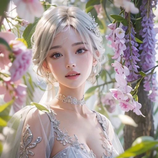 (masterpiece:1.3), (8k, Realistic, RAW Photos, Best image quality: 1.4), Fair-skinned fairy woman、short hair、Cleavage:2.0、Highly detailed face、Attention to detail、double eyelid、Sharp focus:1.2、Beautiful woman:1.4、Silvery white hair、highest quality、masterpiece、Ultra-high resolution、(Realistic:1.4)、Highly detailed and professionally lit smiles、Loose, Light、 one person、whole body, I eat breakfast、I'm going to eat some fruit