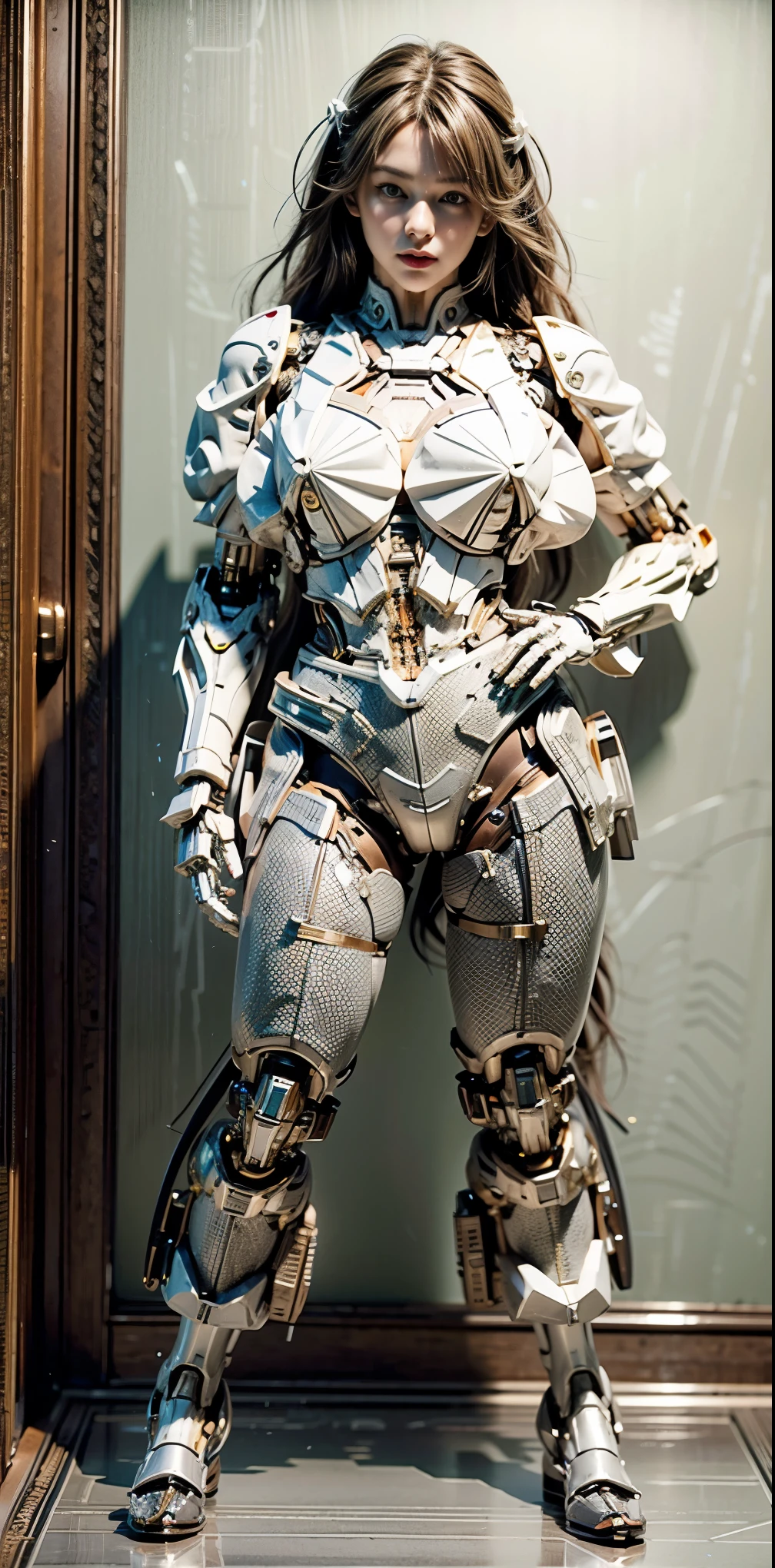 masterpiece, best quality, movie,official art, promotional art, movie wallpaper, extremely detailed CG unity 4k wallpaper, intricate details, white background, full body, concept art, production art, (Mechanical components:1.5),(mechanical prosthesis:1.5), mechanical wings, wings, highres, (realistic, photo-realistic:1.2), physically-based rendering, machinery, reflection, realistic, cyberpunk, symmetric front view close up head shot eyes symmetry face very sharp focus realistic award winning matte drawing cinematic lighting
1girl, robot, (illustration:1.1), slim,
fair skin,delicate face, tights,shine, Bodysuit, (blond long hair),green eyes, laboratory,
chip, shine,braid