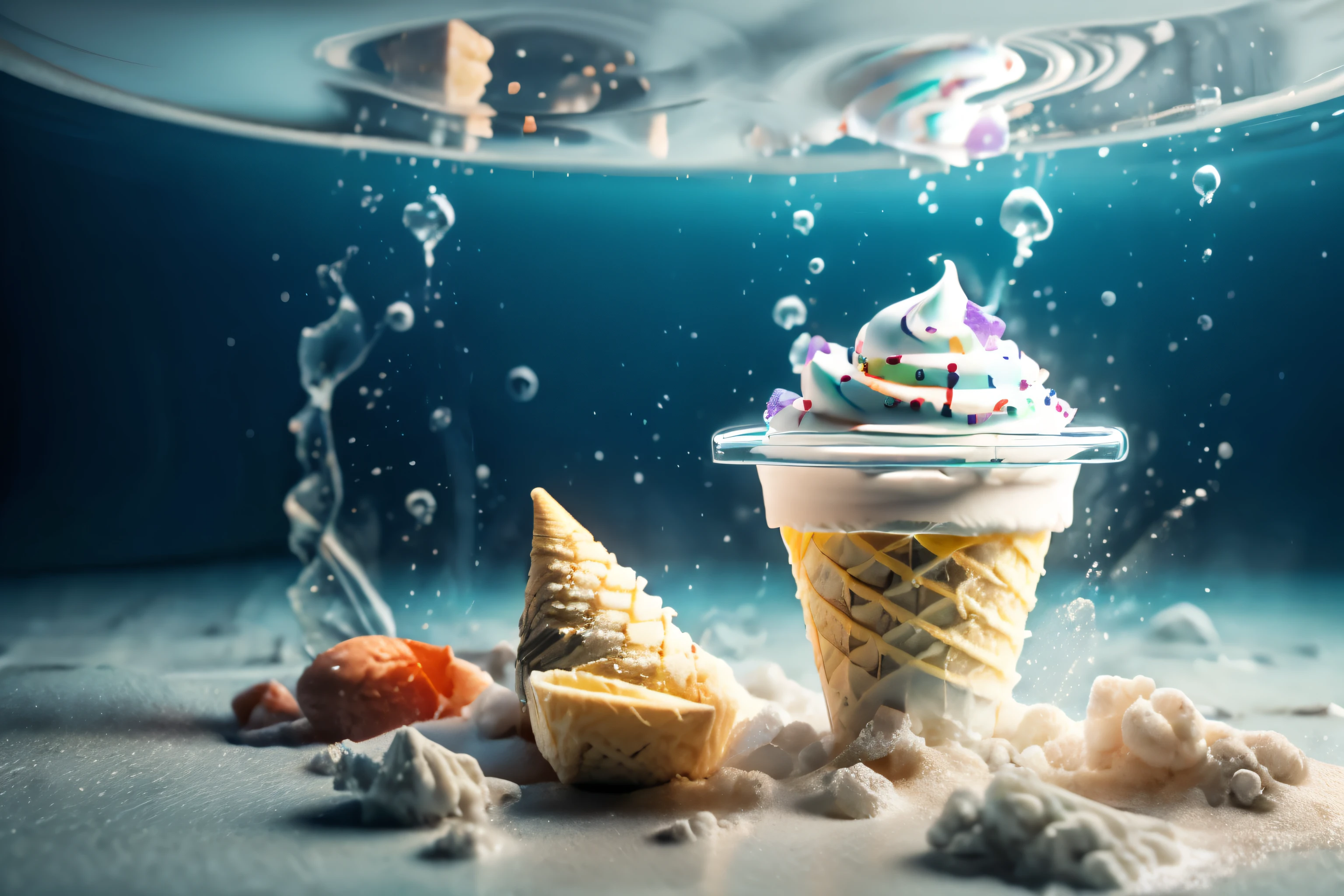 "/prefer suffix --ar 3:2 --q 2 --v 5.1"  tropical cone ice cream on a seabed with crystal clear water and clear sand