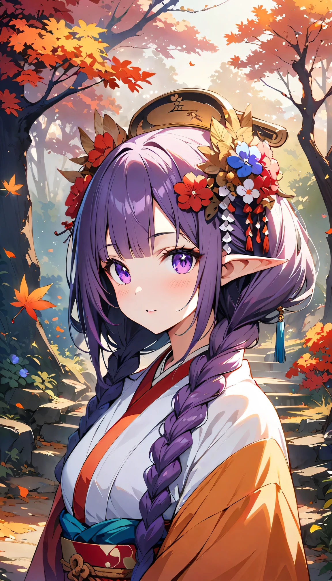 (Ultra-delicate CG Unity 8K wallpaper), (masterpiece), (best quality), 1 Girl, geisha, yinji, purple hair, purple eyes, long hair, white hair, double braids, gradient hair, kimono, Elf, Pointed ears, ((best quality)), (Super detailed)), Autumn Japanese Forest