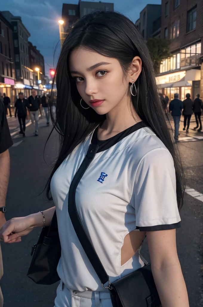 Best quality,masterpiece,Ultra-high resolution,(realistically:1.4),RAW photos,(Street at night),1個Giant Breast Girl,Black eye,Long gray hair,Light makeup,Open lips,Small ears,Baseball uniform,Earrings,Crossbody Bags,Beautiful woman with perfect figure:1.4, (Exterior,seaside:1.1),City Streets,Super thin face,beautiful eyes,Double eyelids