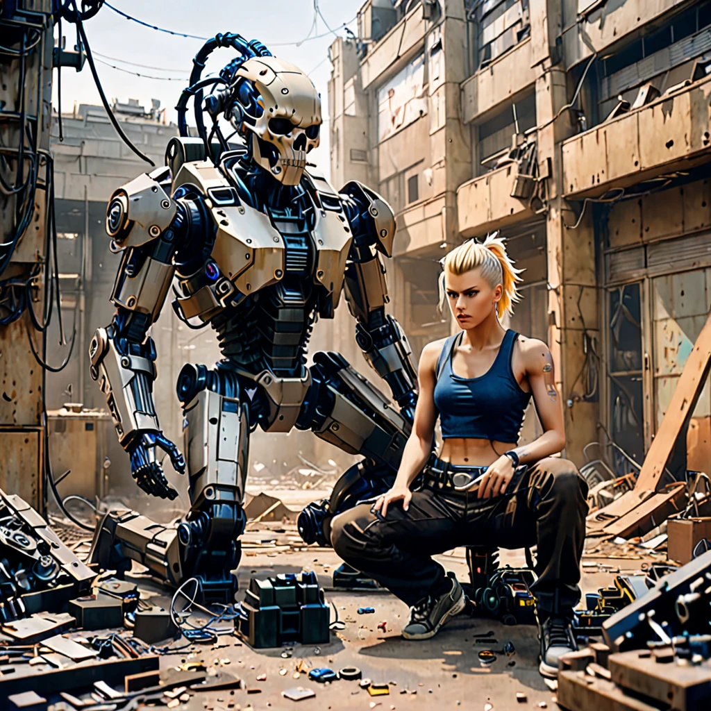 Create an image featuring two central characters surrounded by a chaotic assemblage of mechanical and cybernetic parts. The figure on the left is seated, with fair skin and shoulder-length blonde hair, wearing a gray tank top, brown pants, and cobalt blue shoulder armor. They are holding a colorful sneaker and focusing on repairing it. The figure on the right is kneeling with medium skin tone, sporting a large black mohawk. They wear a sleeveless shirt, dark pants, and examine a small, grotesque cybernetic head with exposed wires and a partial skull. Both display an atmosphere of concentration and are engaged in their tasks in a setting littered with robotic limbs, wires and cybernetic debris. A variety of lights and holographic projections emerge from the technological detritus, casting ambient lighting. The environment should evoke a post-apocalyptic sci-fi setting with a warm, sepia-toned background that subtly blends into a clear, clear sky.