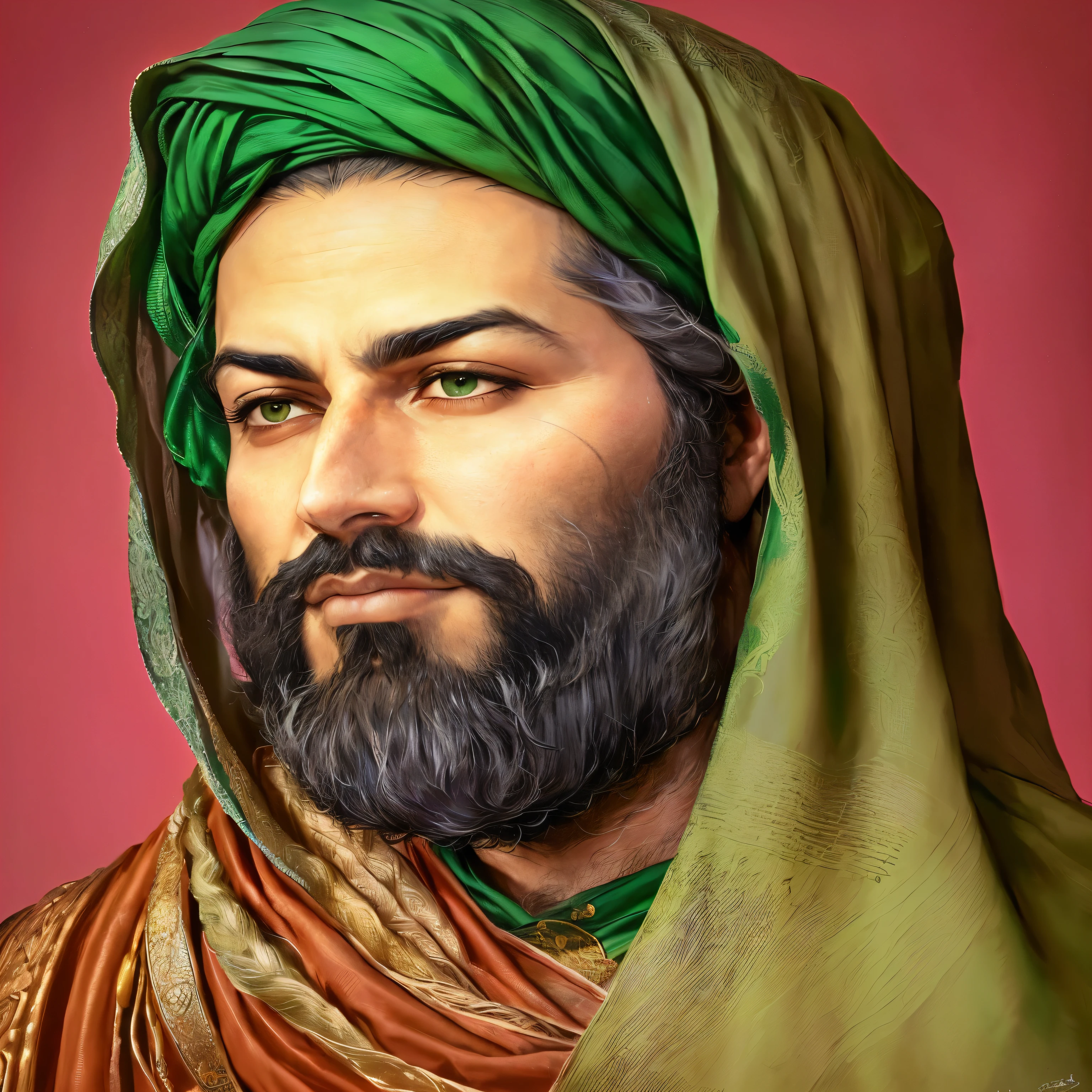arafed man with a beard and a green turban, inspired by Sheikh Hamdullah, inspired by Abdullah Gërguri, inspired by Abdur Rahman Chughtai, inspired by Kamāl ud-Dīn Behzād, inspired by Osman Hamdi Bey, islamic revolution, arab man light beard, shabab alizadeh