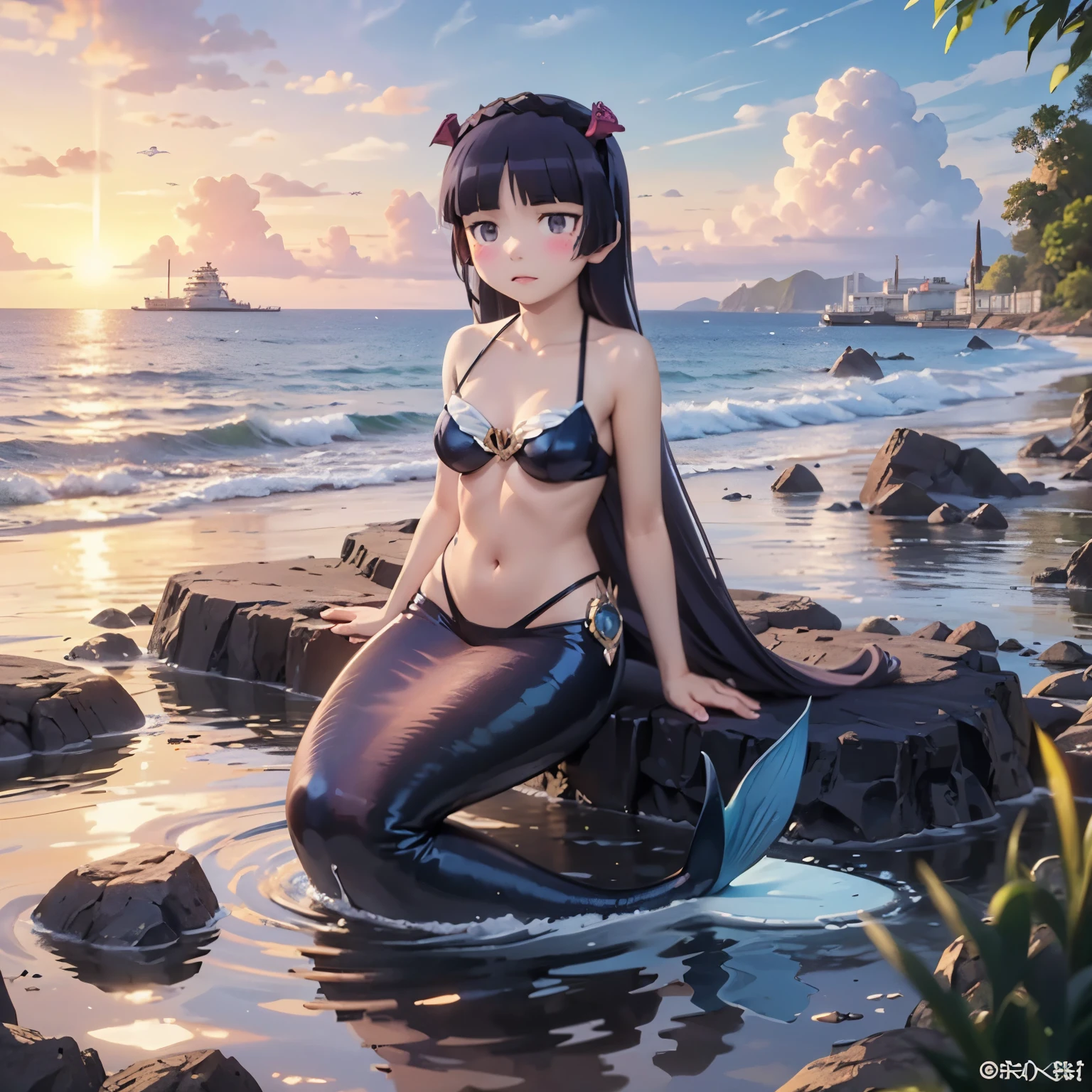 ((ruri gokou)), 1girl, blush, black hair, mole, mole under eye, (shell), scale, Tail fin, Fairy, Water Spirit, ocean生物, Sea surface, Sunset, Orange, (The Little Mermaid), (fin headband), mermaid earrings, seashell bikini, mermaid sitting, full body, (Rocky area), Soft colors, Wave, (Seaside), (field), Blue-green, 光のreflection, beautiful, Romantic, mysterious, dreamy, Picturesque, Shine, watercolor style, harmony, Natural Beauty, soft, Warm Light, grace, Transparency, ocean, Dreamy, evening, reflection, harmonious, Romantic, Warmth, Fantasy