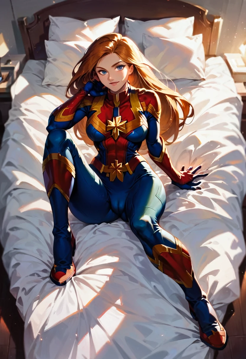 score_9, score_8_up, score_7_up, score_6_up, score_5_up, (high quality, detailed, beautiful), detailed soft lighting, rating_explicit, 1girl, Kim Possible, orange-red hair, resting on her bed, looking sexy, beautiful eyes, open eyes, smiling, (Captain Marvel suit:1.2), (dusk:1.2), (full body portrait:1.2), cameltoe, sharp focus, portrait, studio lighting, bokeh, (masterpiece, best quality), (high resolution), perfect face, flawless, professional artwork, artstation, cinematic lighting, beautiful face, beautiful eyes, large eyes, bright eyes, beautiful smile, perfect hands, anatomically correct, perfect anatomy.