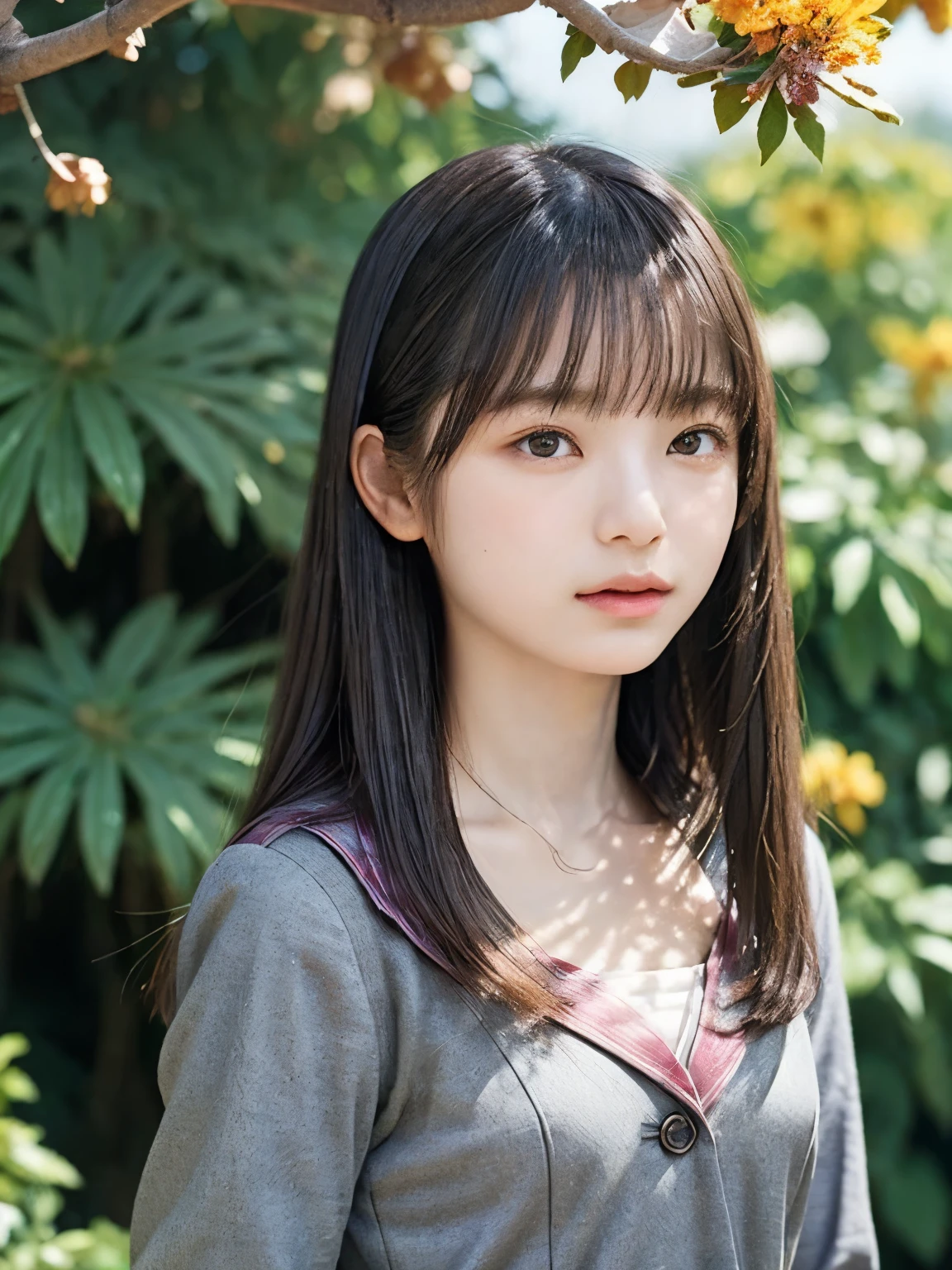 1 girl, alone, (Flat Chest:1.3), (Petite figure:1.3), 
(masterpiece, highest quality),highest quality,High resolution,

Black Hair, Hair behind the ear, bangs, Cowboy Shot:1.5. Accurate, Anatomically correct, Wearing a uniform:1.Two botanical gardens、sunlight