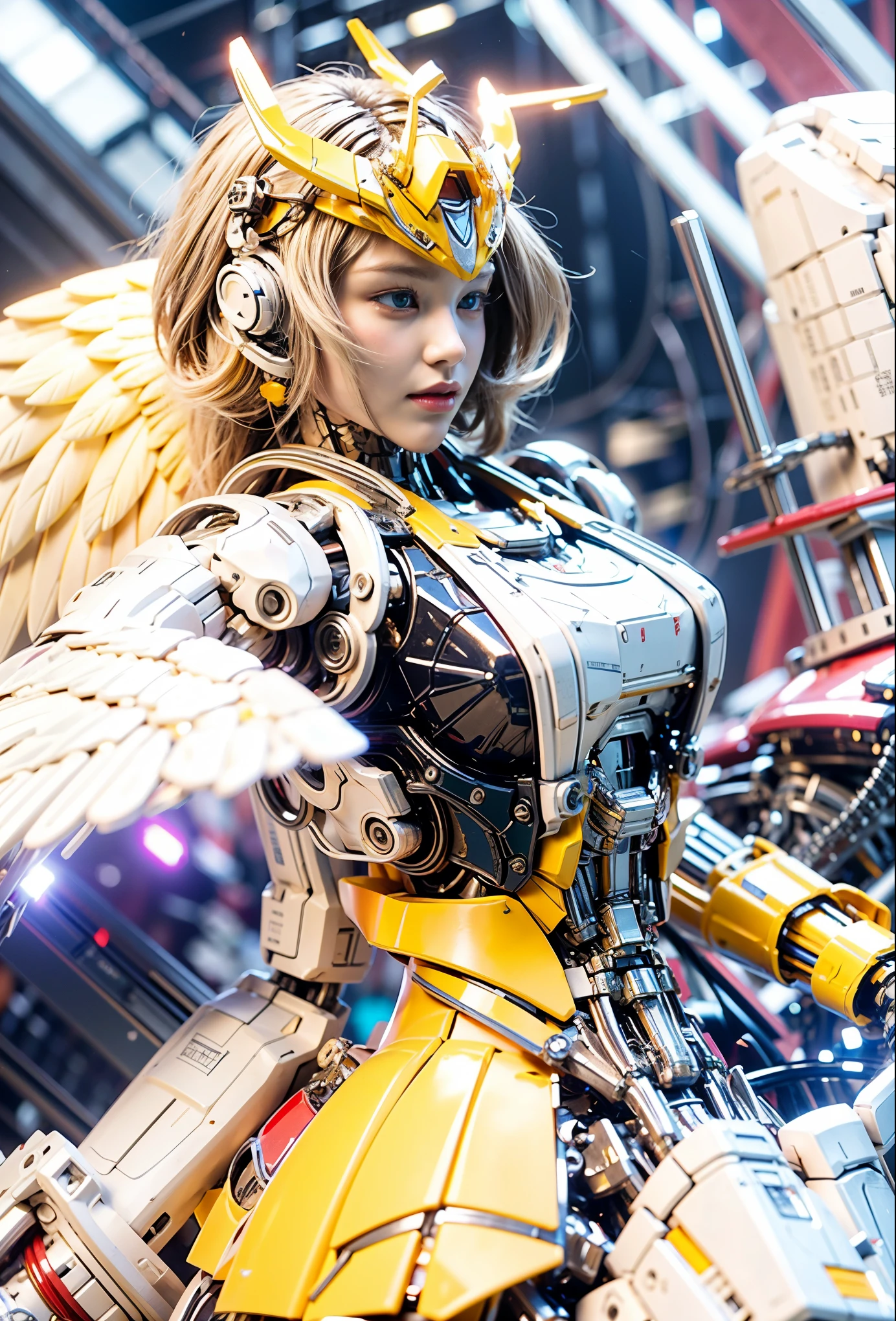 masterpiece, best quality, movie,official art, promotional art, movie wallpaper, extremely detailed CG unity 4k wallpaper, intricate details, white background, full body, concept art, production art, (Mechanical components:1.5),(mechanical prosthesis:1.5), mechanical wings, wings, highres, (realistic, photo-realistic:1.2), physically-based rendering, machinery, reflection, realistic, cyberpunk, symmetric front view close up head shot eyes symmetry face very sharp focus realistic award winning matte drawing cinematic lighting
1girl, robot, (illustration:1.1), slim,
fair skin,delicate face, tights,shine, Bodysuit, (blond long hair),green eyes, laboratory,
chip, shine,braid