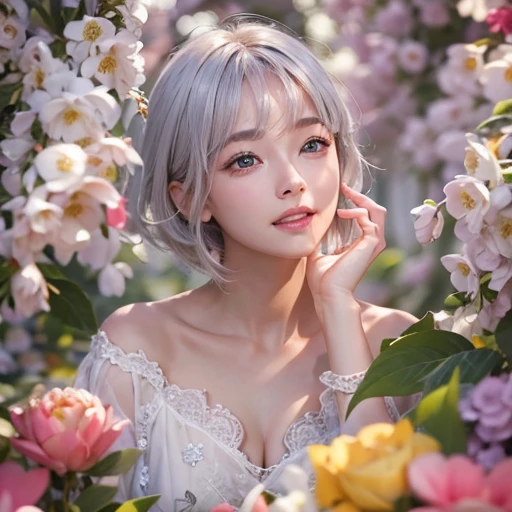 (masterpiece:1.3), (8k, Realistic, RAW Photos, Best image quality: 1.4), Fair-skinned fairy woman、short hair、Cleavage:2.0、Highly detailed face、Attention to detail、double eyelid、Sharp focus:1.2、Beautiful woman:1.4、Silvery white hair、highest quality、masterpiece、Ultra-high resolution、(Realistic:1.4)、Highly detailed and professionally lit smiles、Loose, Light、 one person、whole body,　I eat breakfast、I&#39;m going to eat some fruit